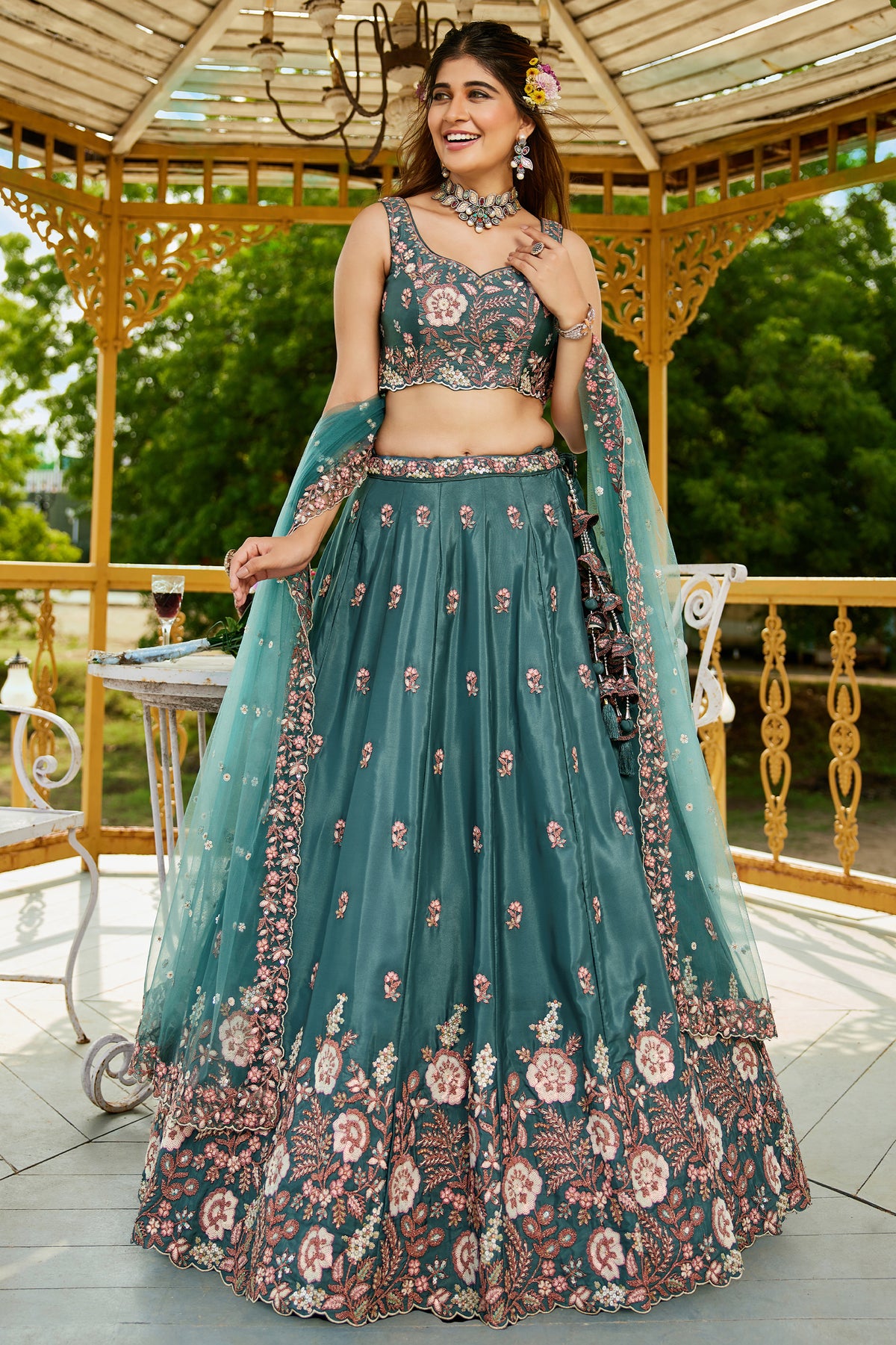 Teal Green Semi Stitched Embroidered Satin Lehenga-SAR12857_1_SareeButa.com