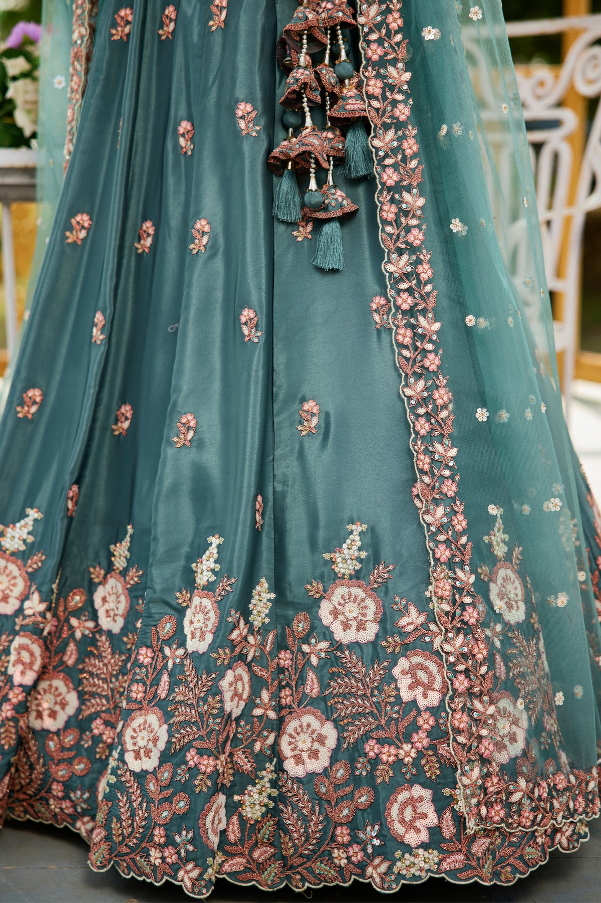 Teal Green Semi Stitched Embroidered Satin Lehenga-SAR12857_4_SareeButa.com