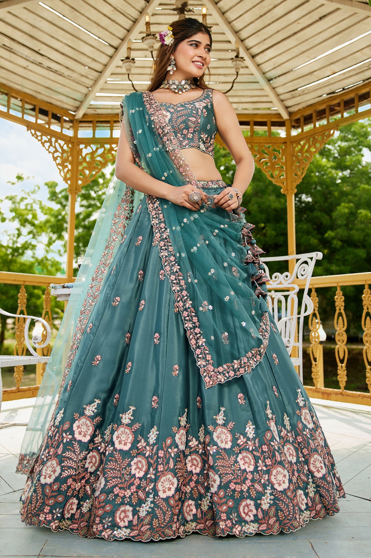 Teal Green Semi Stitched Embroidered Satin Lehenga-SAR12857_5_SareeButa.com
