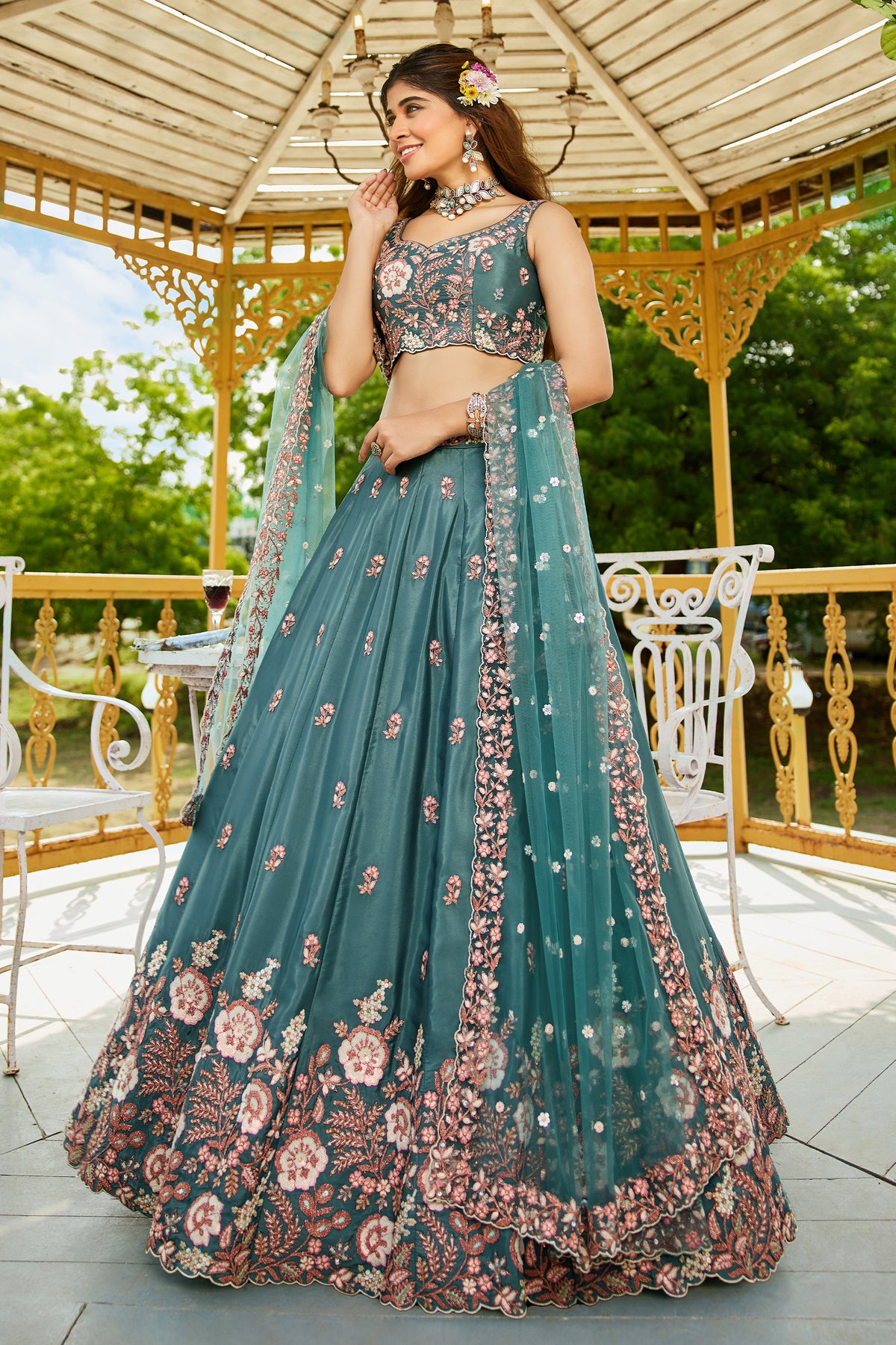 Teal Green Semi Stitched Embroidered Satin Lehenga-SAR12857_6_SareeButa.com