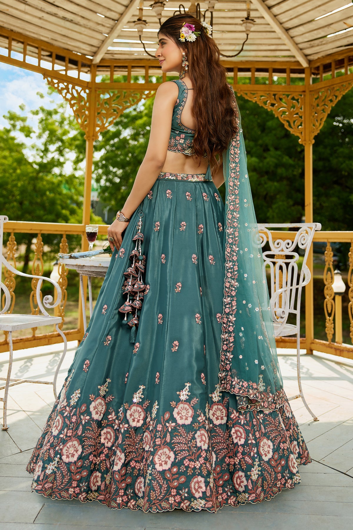 Teal Green Semi Stitched Embroidered Satin Lehenga-SAR12857_7_SareeButa.com
