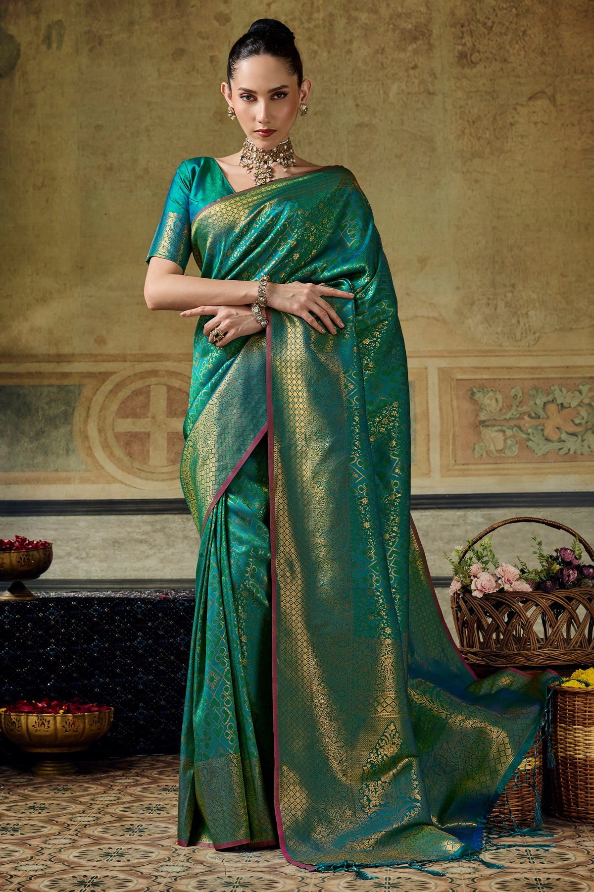 Teal Green Woven Silk Saree-SAR12913_1_SareeButa.com