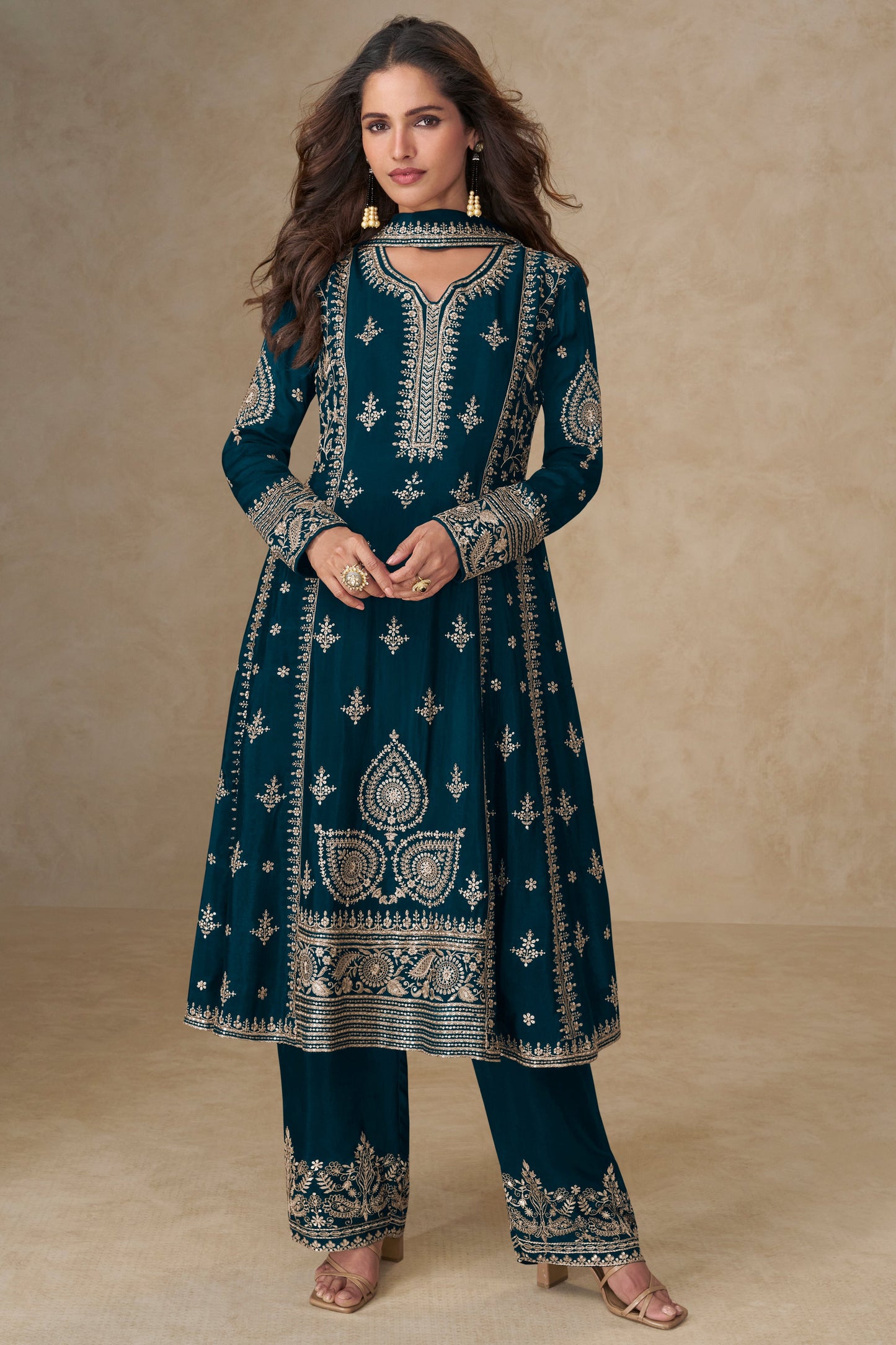 Teal Readymade Embroidered Chinon A-line Suit-SS750_1_SareeButa.com