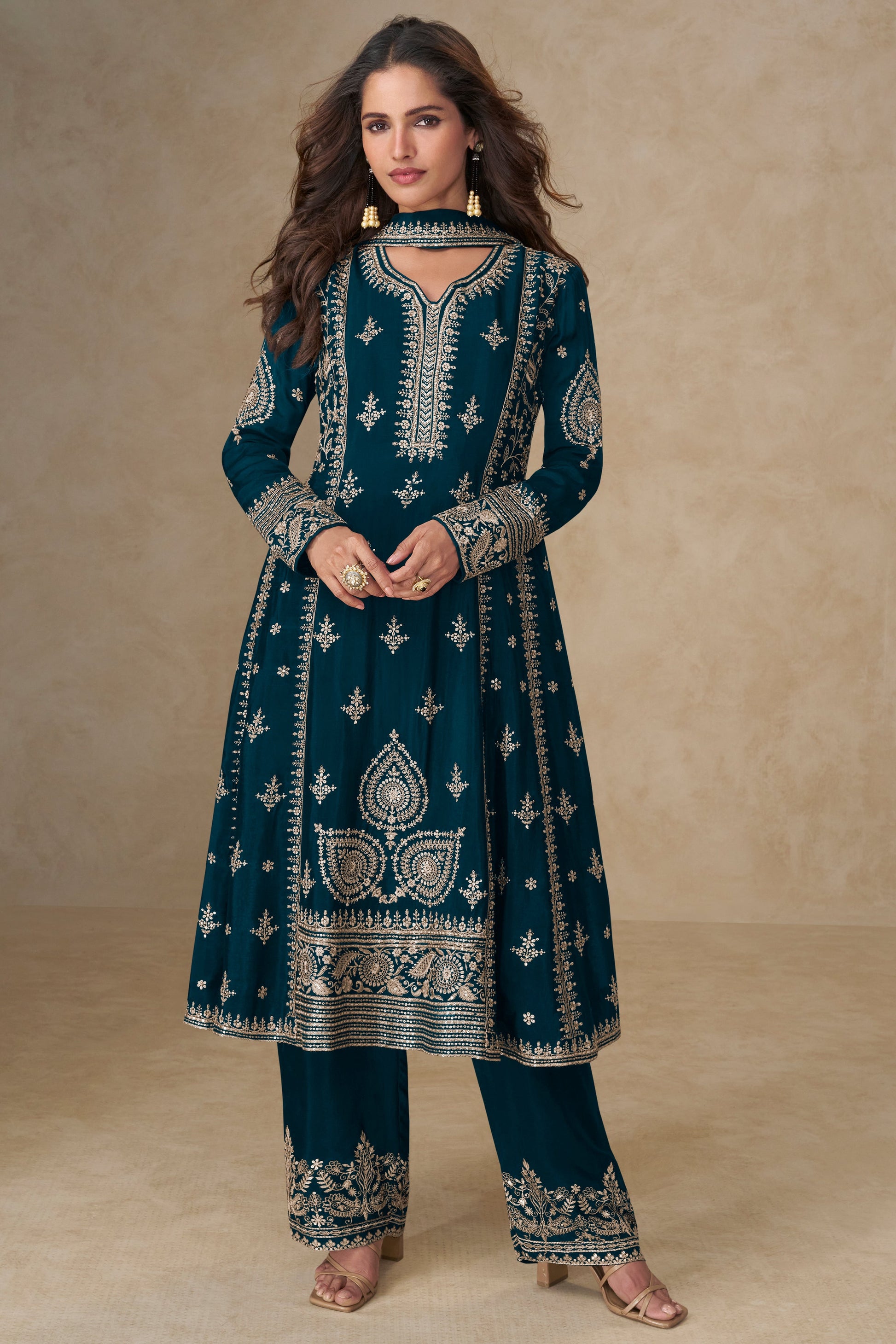 Teal Readymade Embroidered Chinon A-line Suit-SS750_1_SareeButa.com