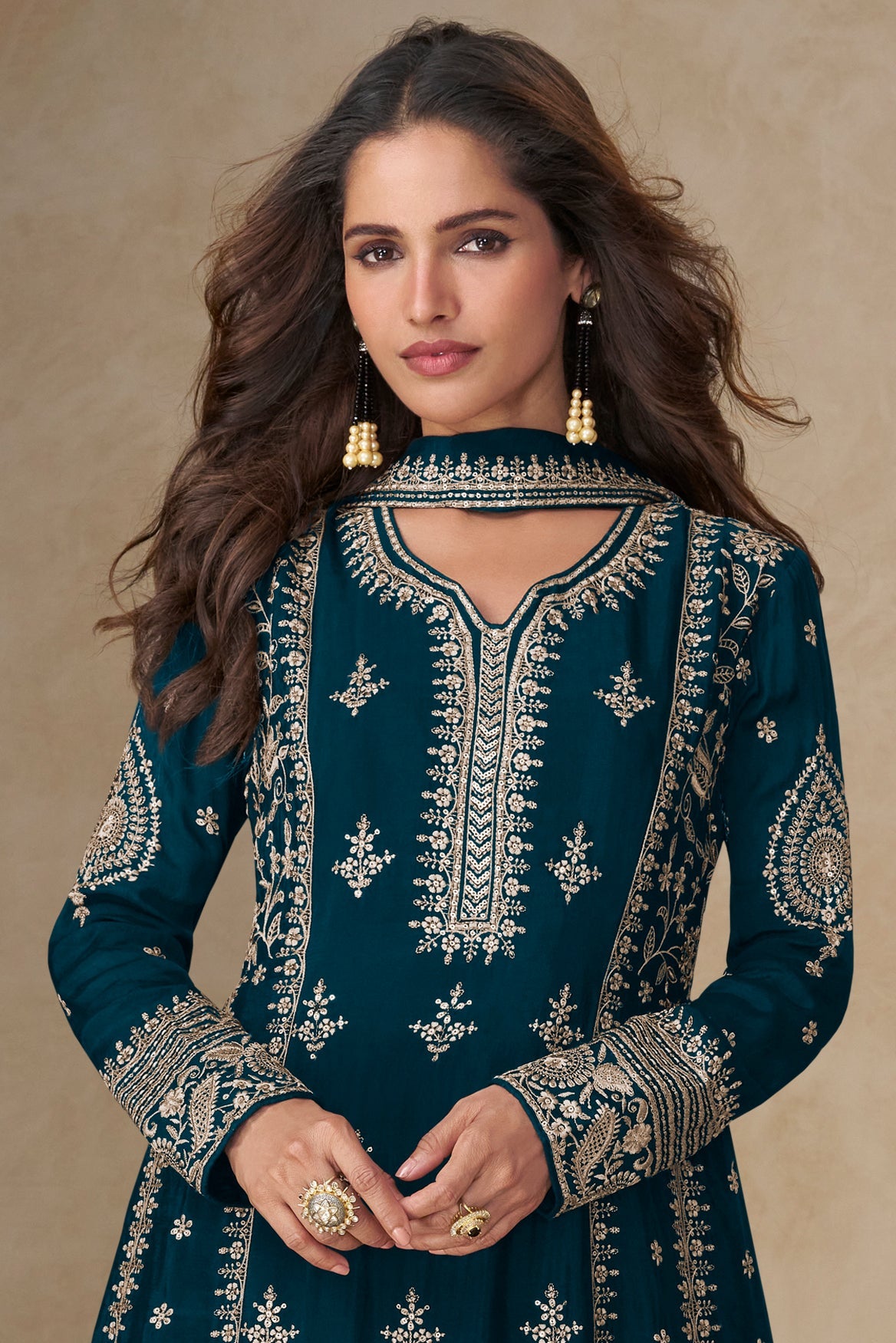 Teal Readymade Embroidered Chinon A-line Suit-SS750_2_SareeButa.com