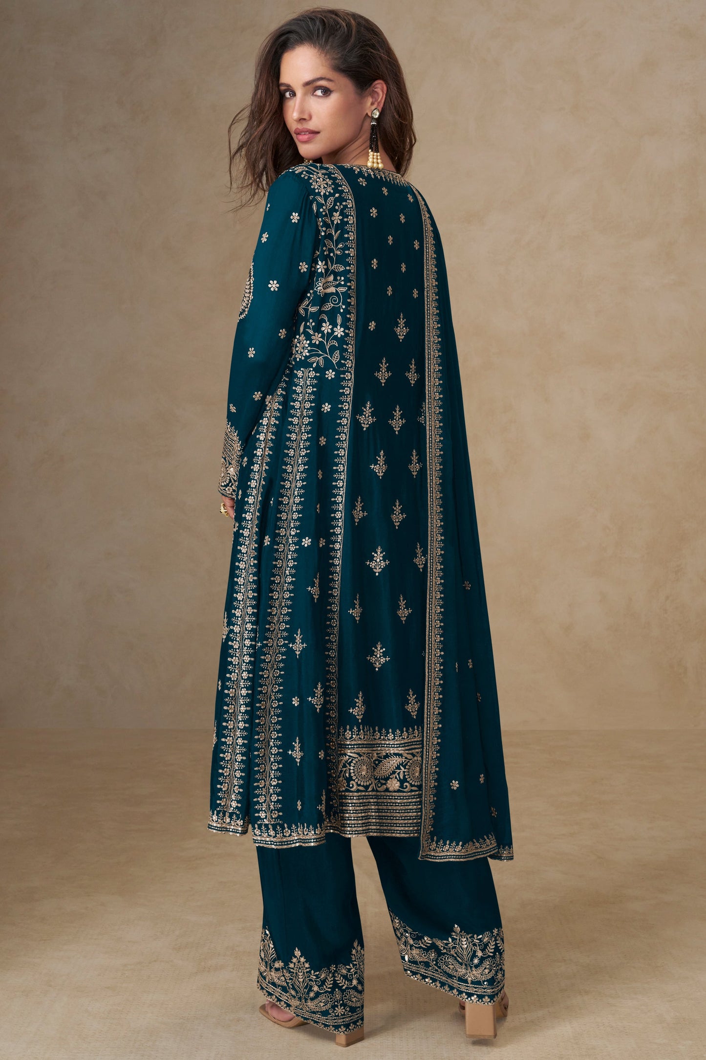 Teal Readymade Embroidered Chinon A-line Suit-SS750_3_SareeButa.com