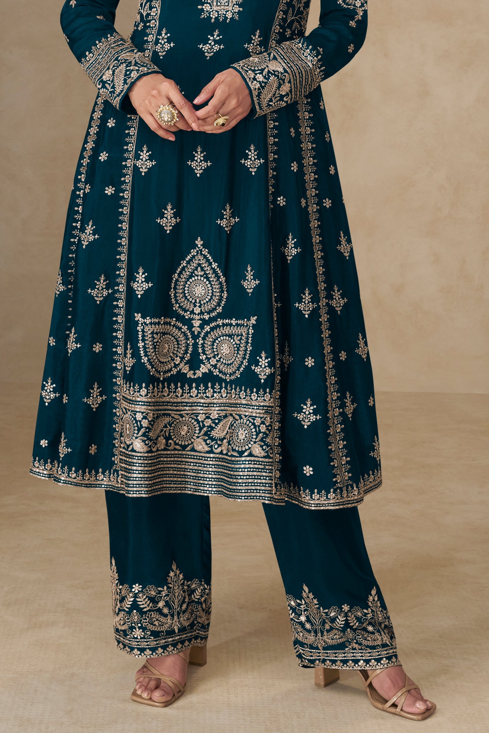 Teal Readymade Embroidered Chinon A-line Suit-SS750_4_SareeButa.com