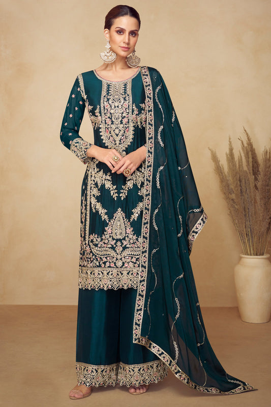 Teal Readymade Embroidered Chinon Suit-SAR10492_1_SareeButa.com