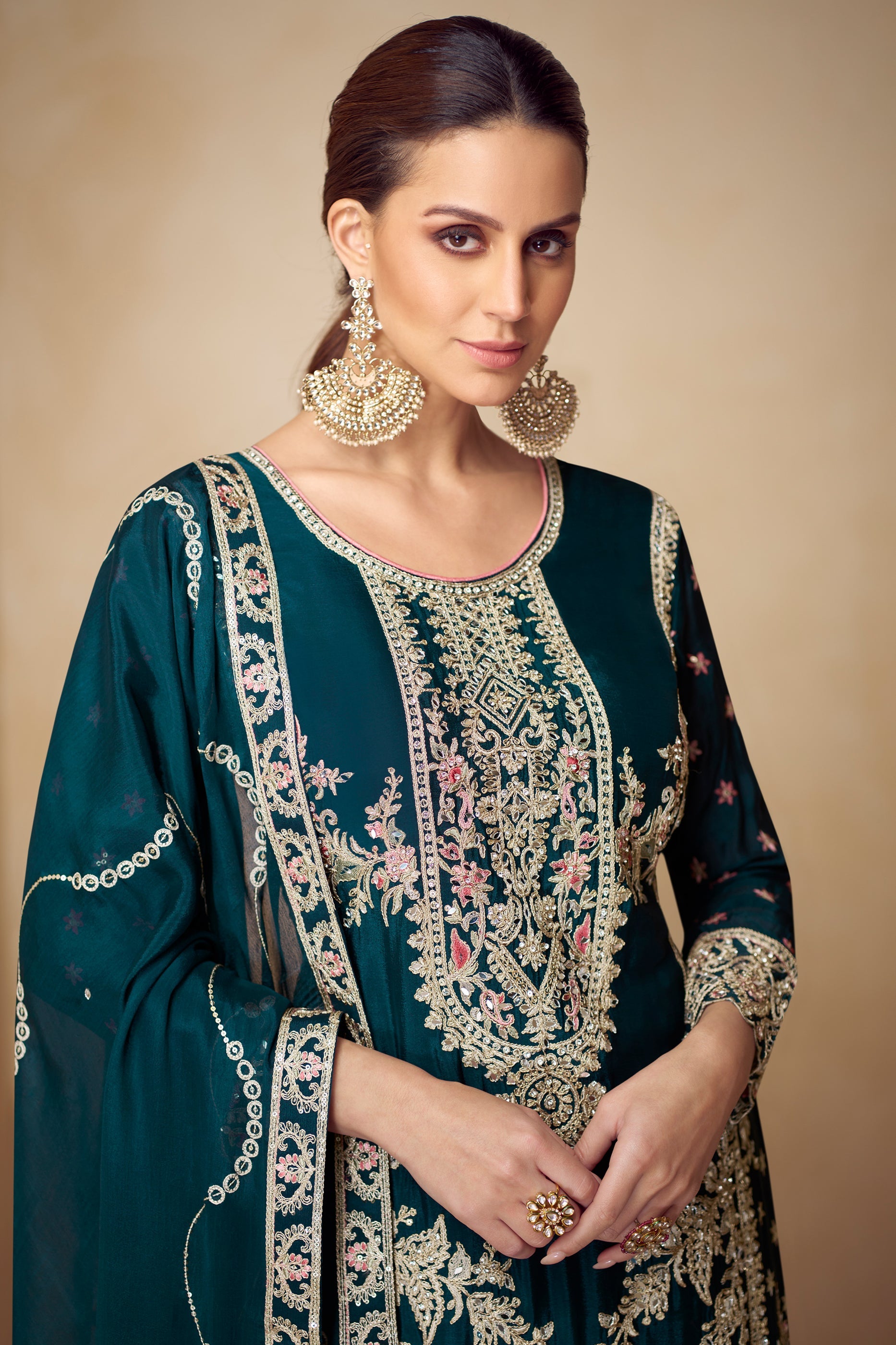 Teal Readymade Embroidered Chinon Suit-SAR10492_2_SareeButa.com