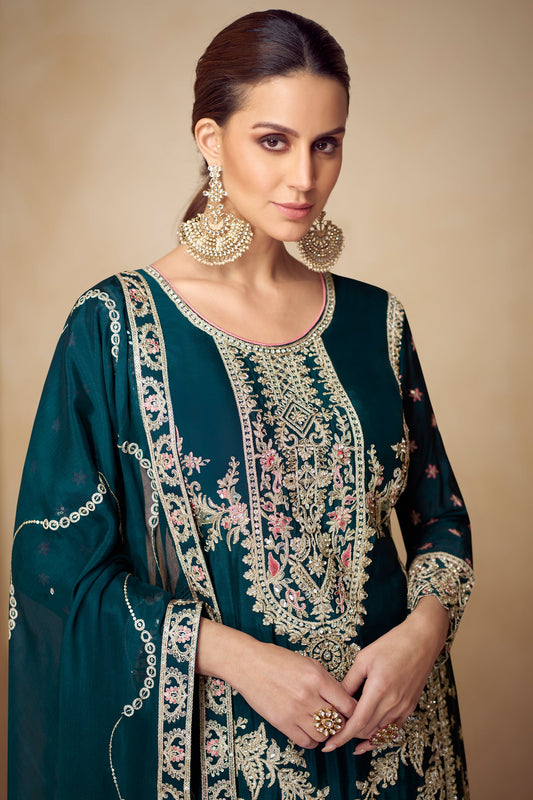 Teal Readymade Embroidered Chinon Suit-SAR10492_2_SareeButa.com