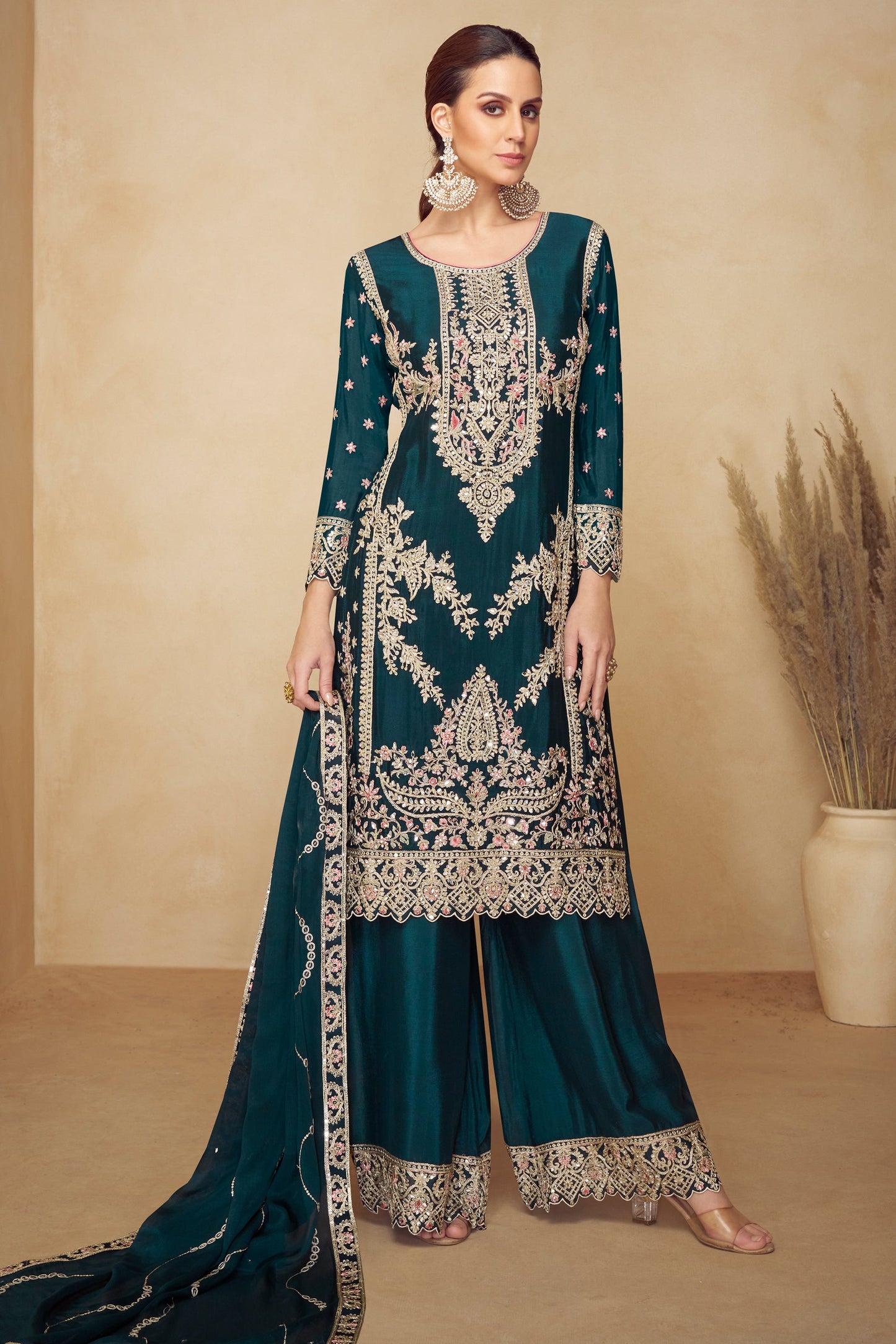 Teal Readymade Embroidered Chinon Suit-SAR10492_4_SareeButa.com