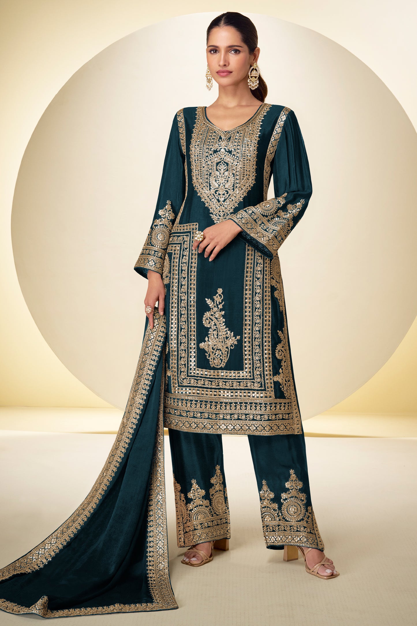 Teal Readymade Embroidered Chinon Suit-SAR12220_1_SareeButa.com