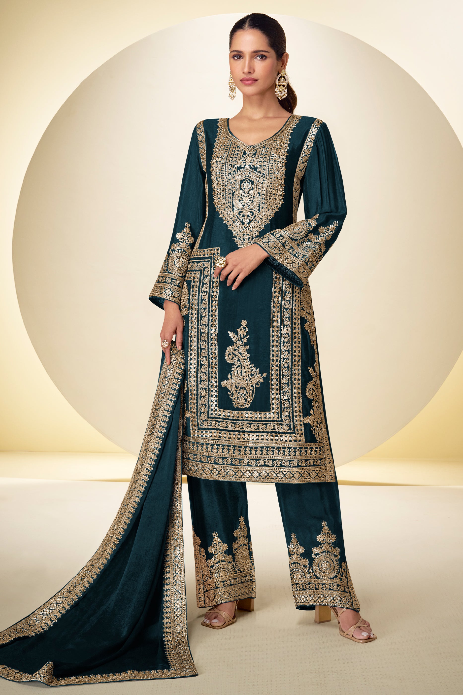 Teal Readymade Embroidered Chinon Suit-SAR12220_1_SareeButa.com