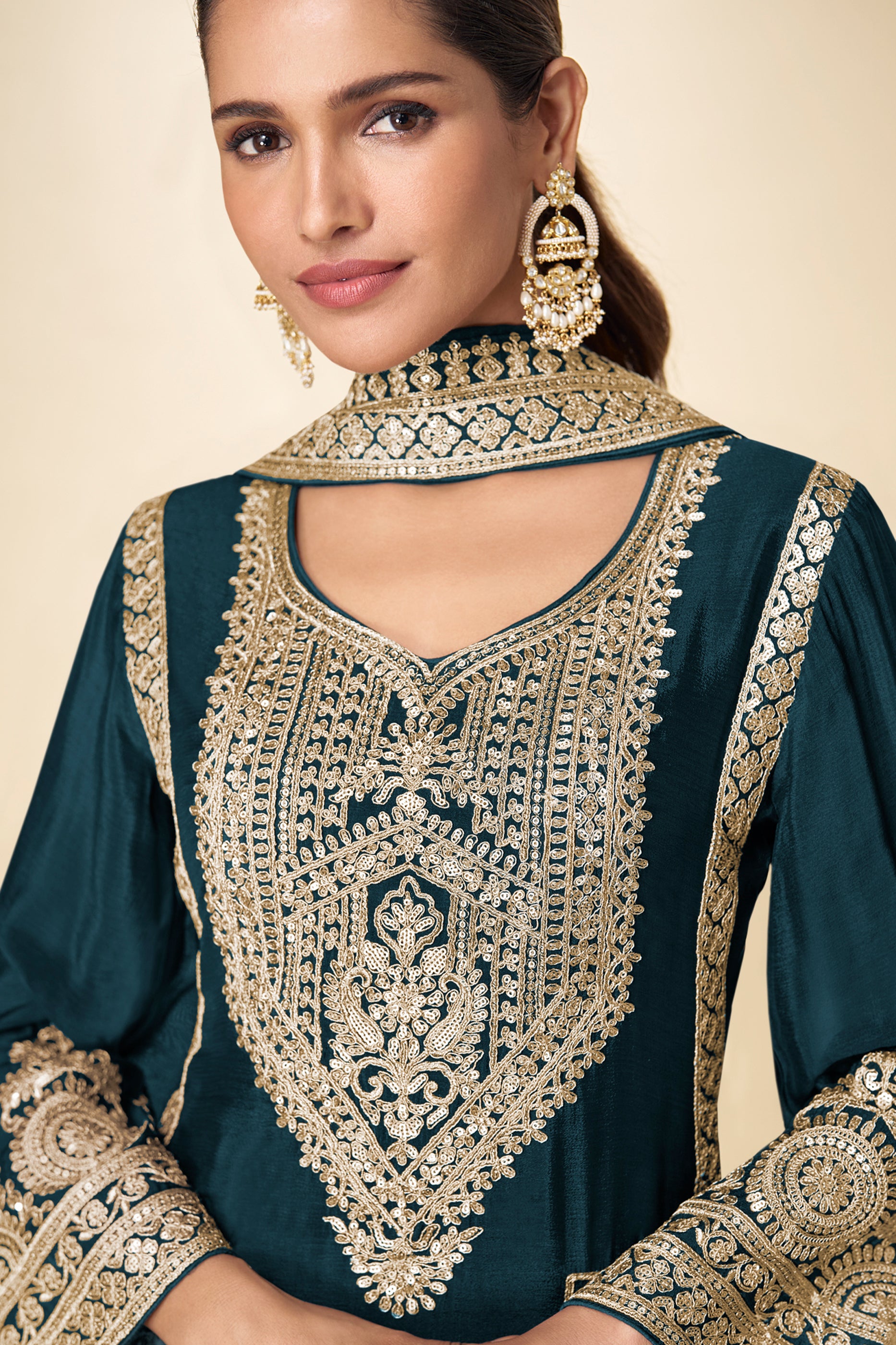 Teal Readymade Embroidered Chinon Suit-SAR12220_2_SareeButa.com