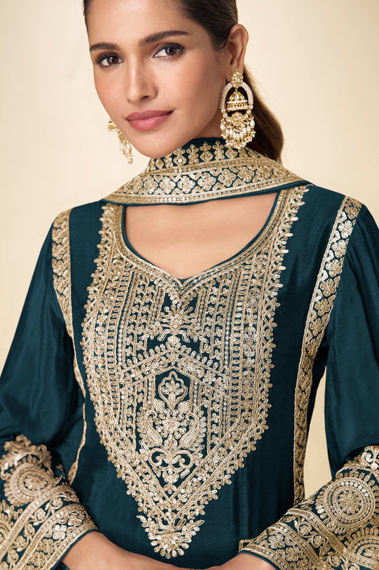 Teal Readymade Embroidered Chinon Suit-SAR12220_2_SareeButa.com