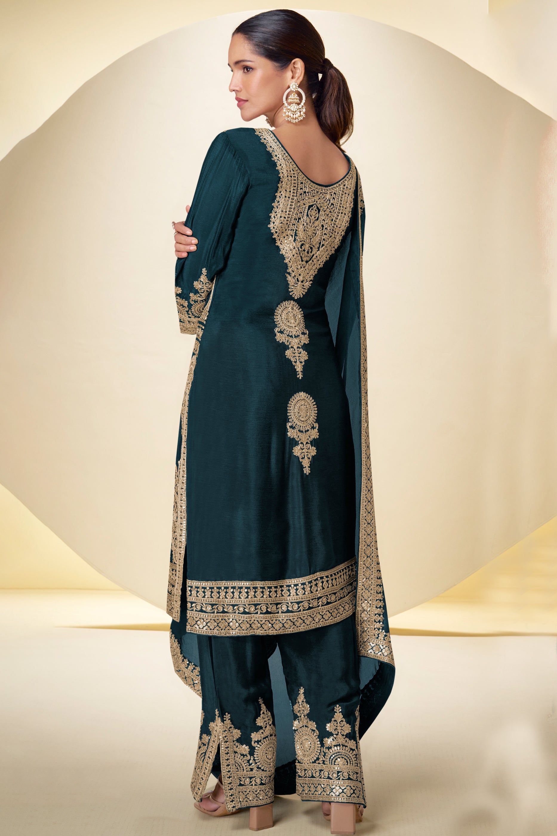 Teal Readymade Embroidered Chinon Suit-SAR12220_3_SareeButa.com