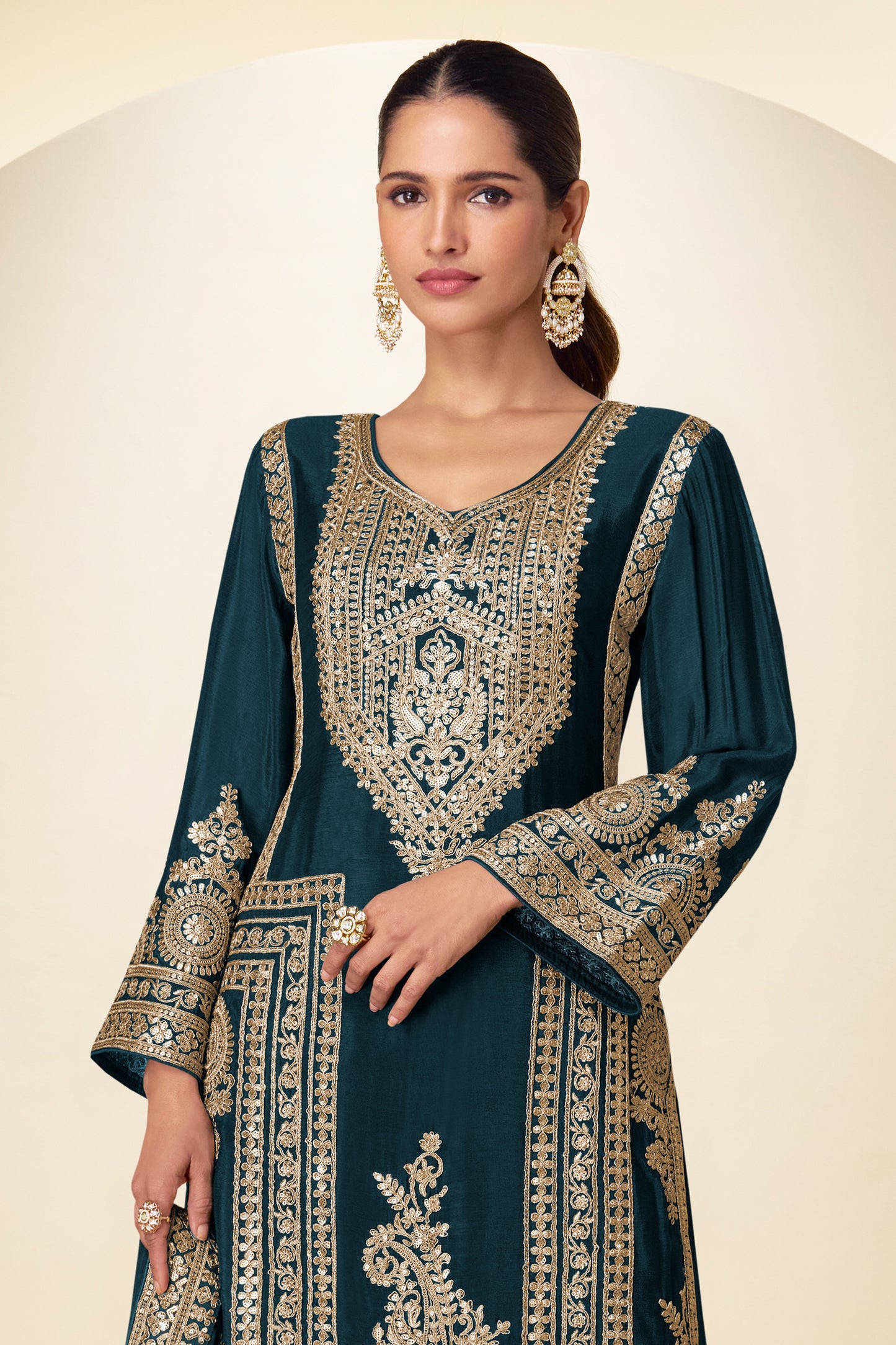 Teal Readymade Embroidered Chinon Suit-SAR12220_4_SareeButa.com