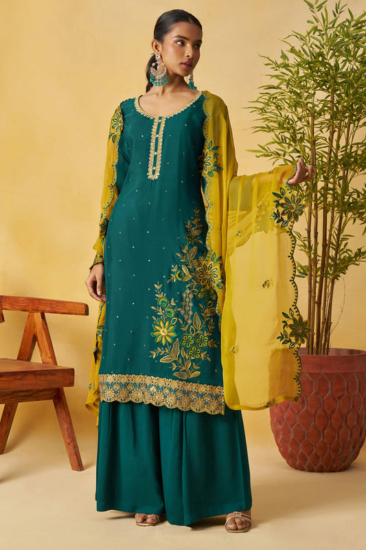 Teal Readymade Embroidered Organza Palazzo Suit-SAR10813_1_SareeButa.com