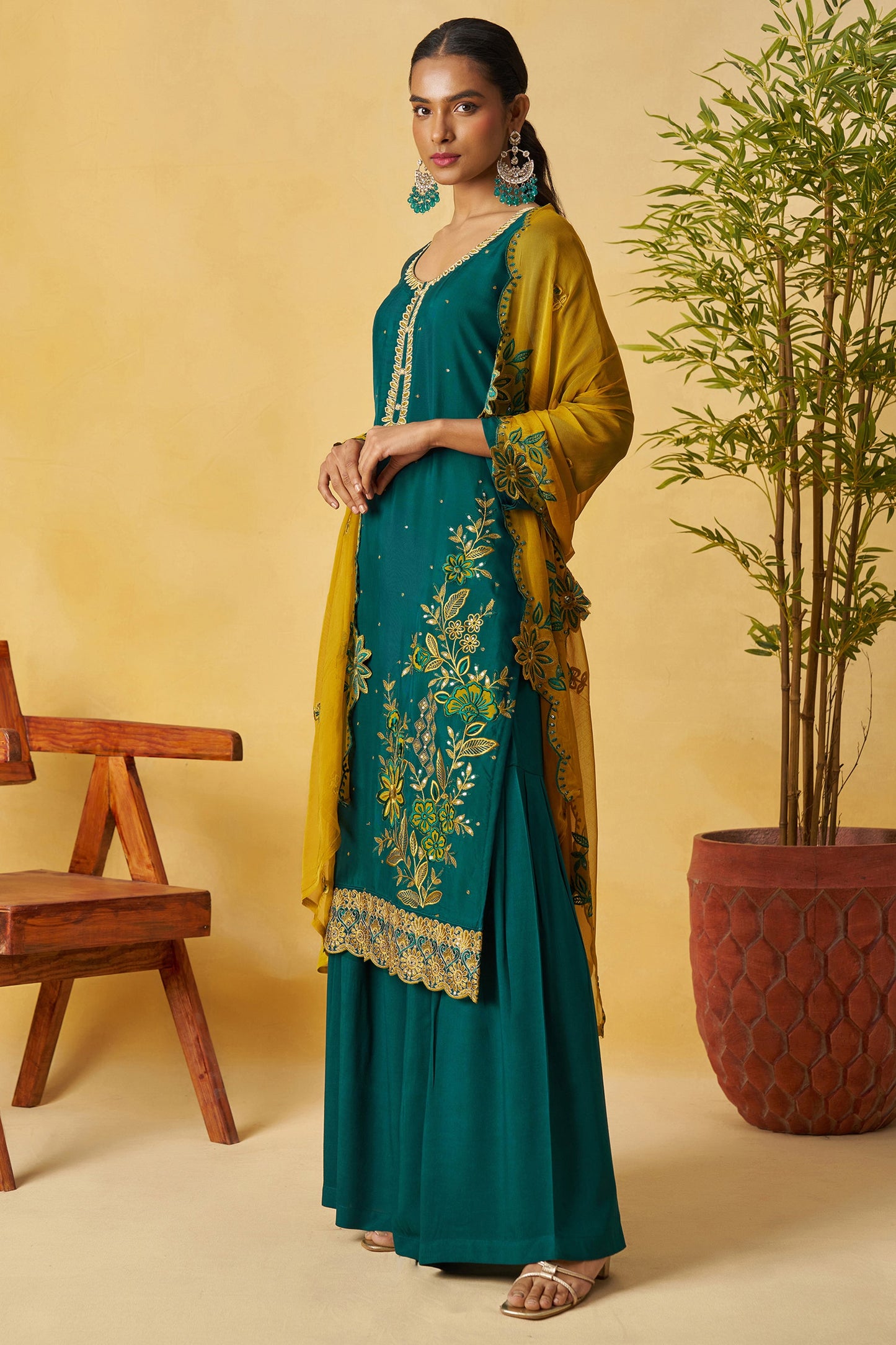 Teal Readymade Embroidered Organza Palazzo Suit-SAR10813_2_SareeButa.com