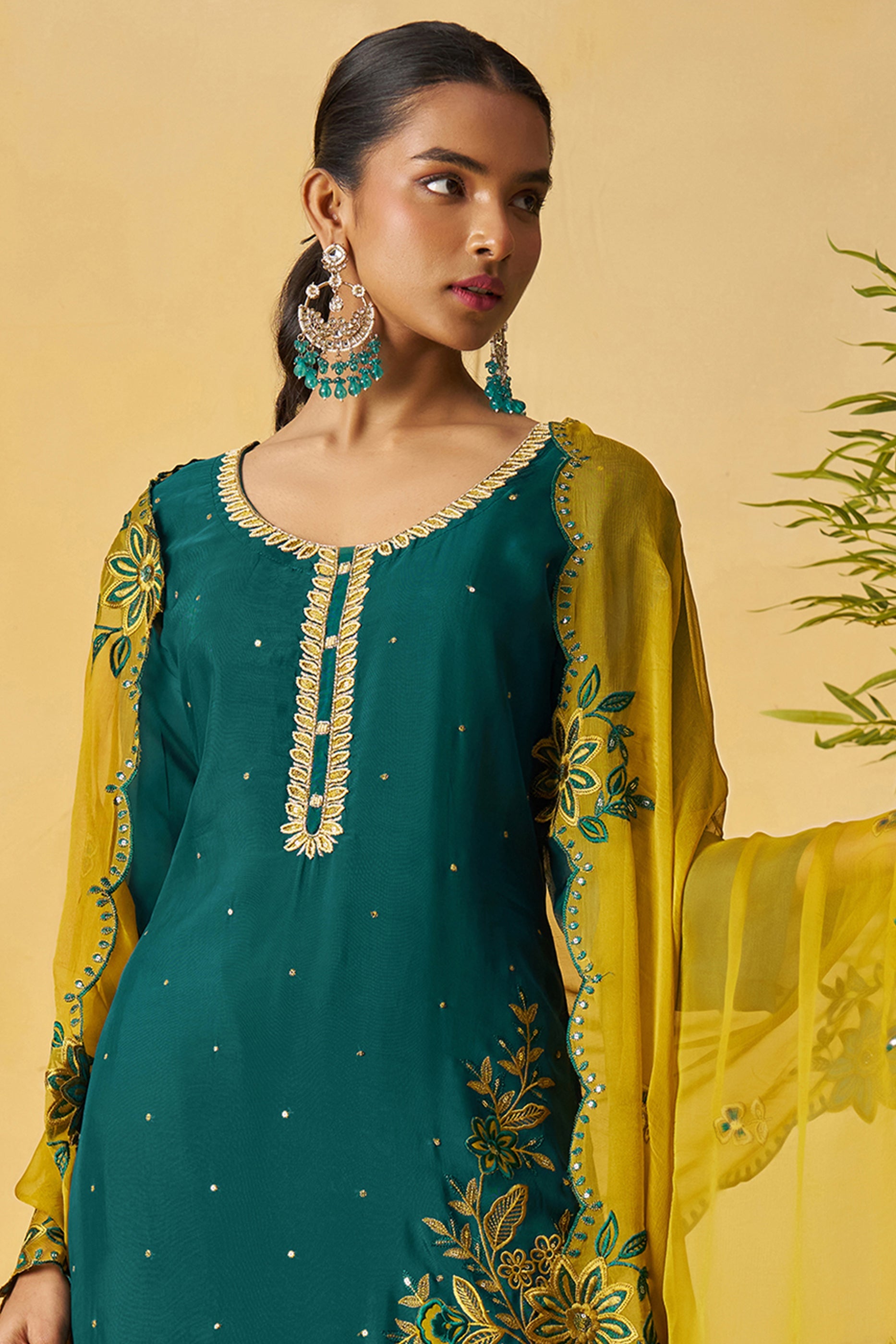 Teal Readymade Embroidered Organza Palazzo Suit-SAR10813_5_SareeButa.com