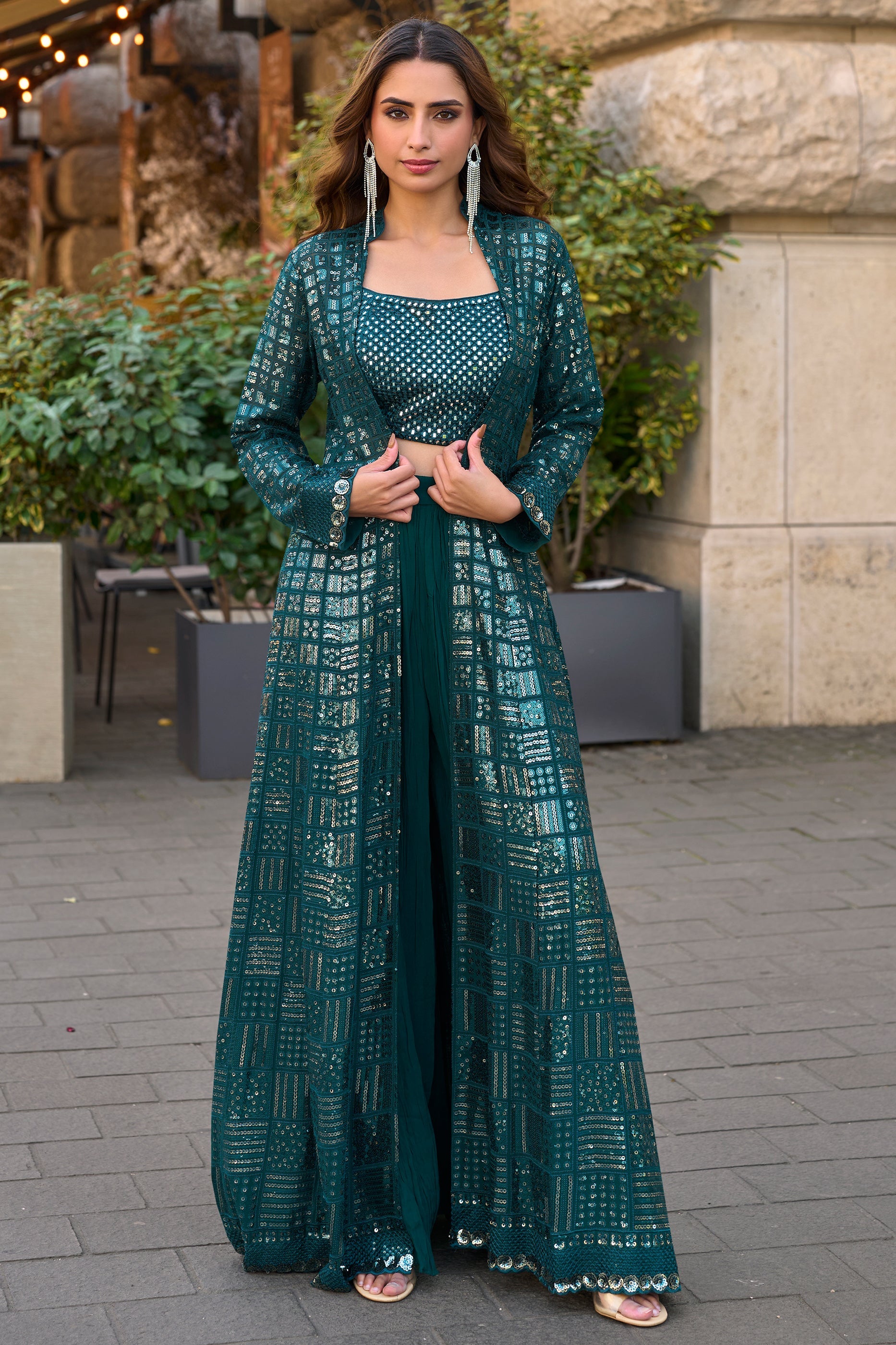 Teal Readymade Sequined Georgette Palazzo Set-SAR10516_1_SareeButa.com