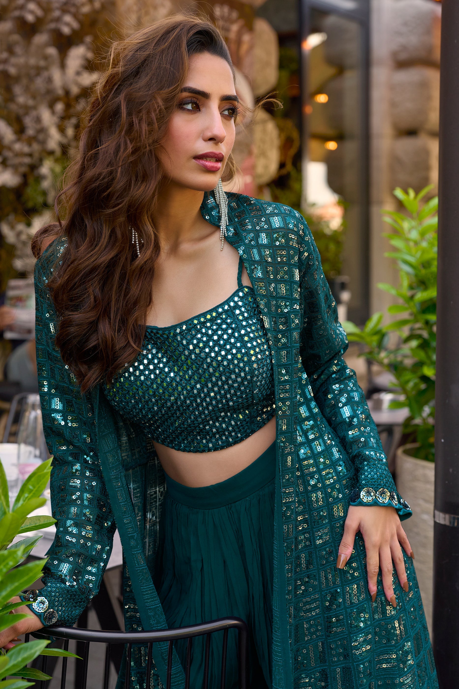 Teal Readymade Sequined Georgette Palazzo Set-SAR10516_3_SareeButa.com