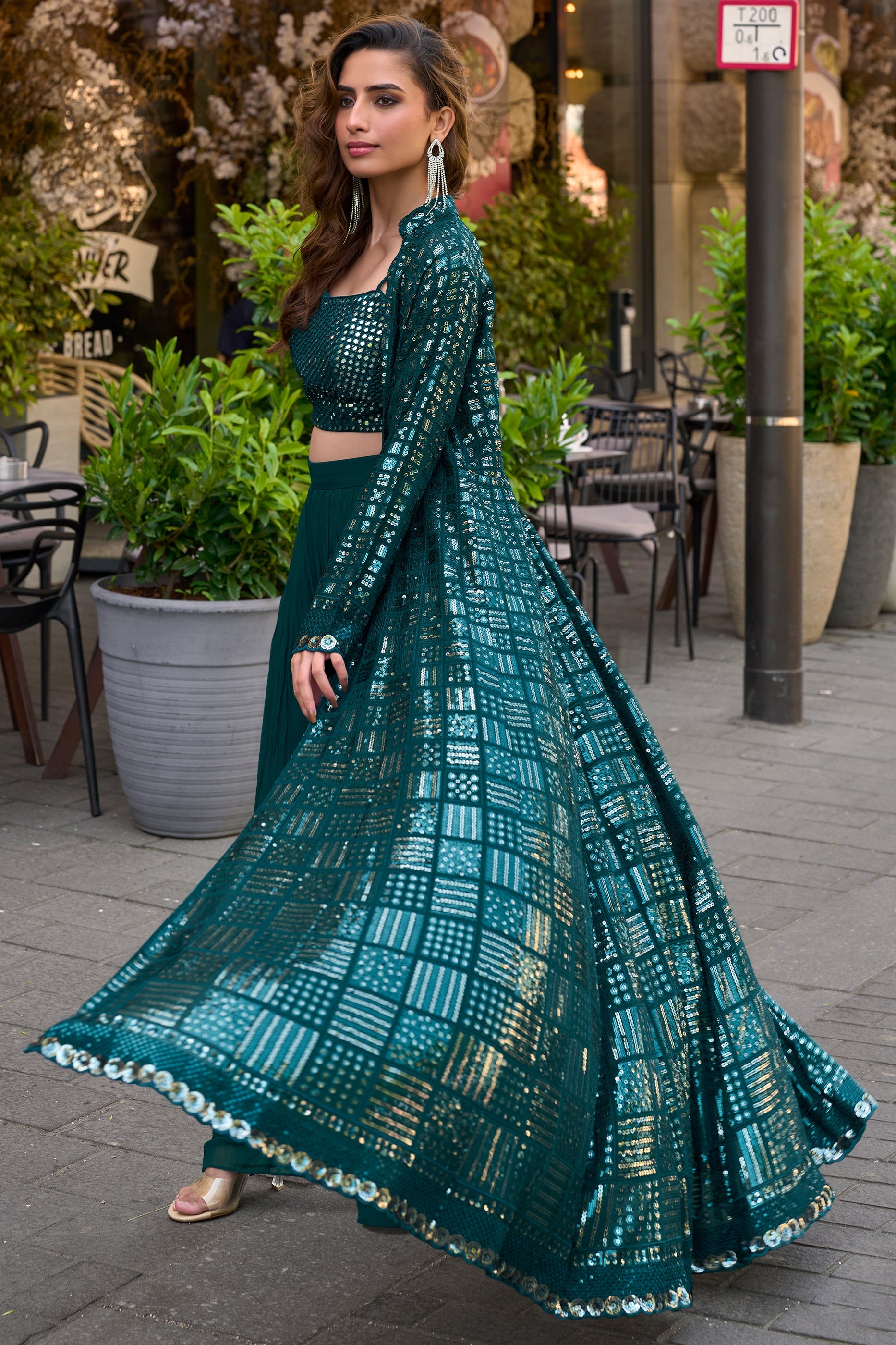 Teal Readymade Sequined Georgette Palazzo Set-SAR10516_4_SareeButa.com