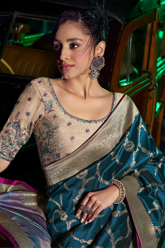 Teal Woven Silk Saree-ZB134655_2_SareeButa.com