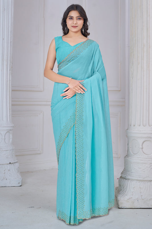 Turquoise Blue Embroidered Soft Silk Saree-SAR10758_1_SareeButa.com