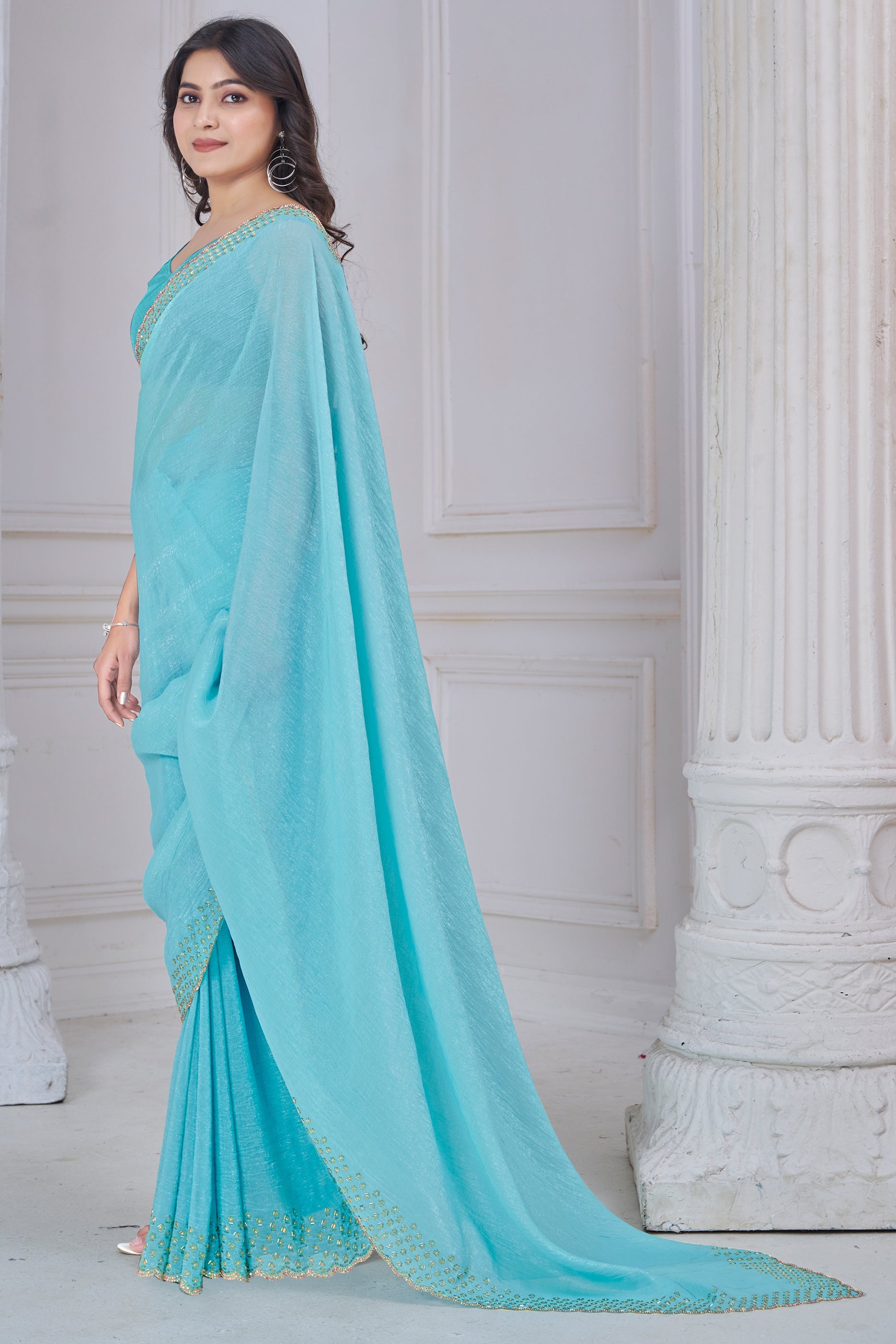Turquoise Blue Embroidered Soft Silk Saree-SAR10758_3_SareeButa.com