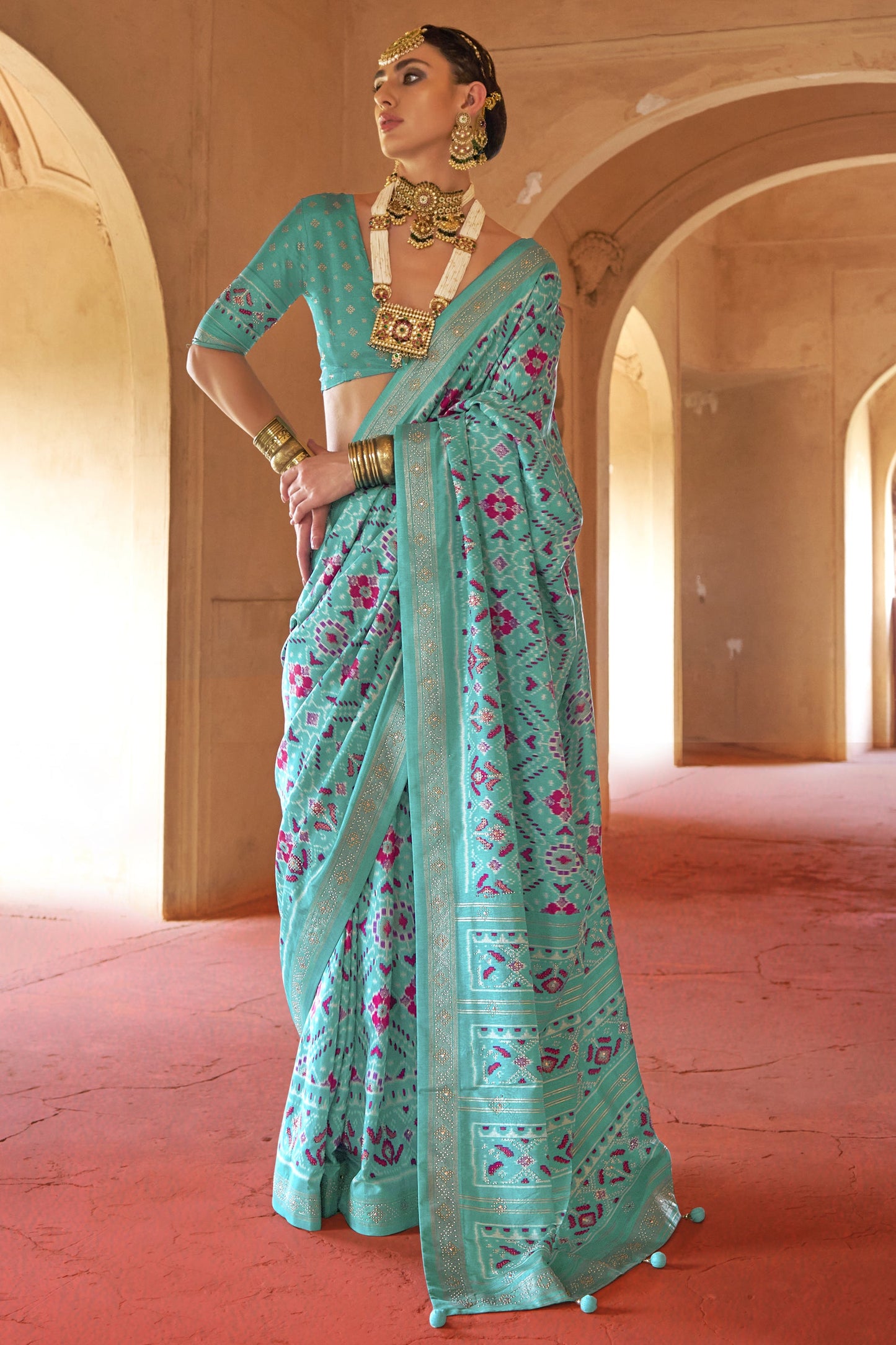 Turquoise Blue Printed Viscose Silk Patola Saree-SAR10196_1_SareeButa.com