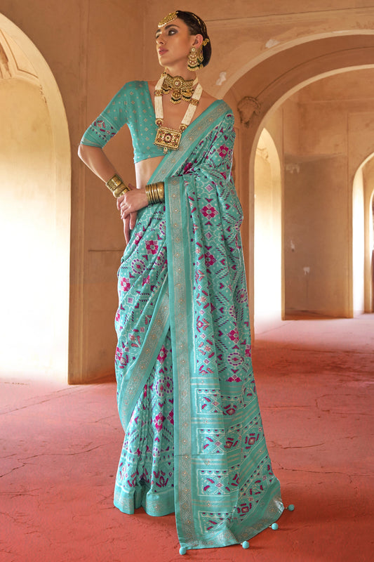 Turquoise Blue Printed Viscose Silk Patola Saree-SAR10196_1_SareeButa.com