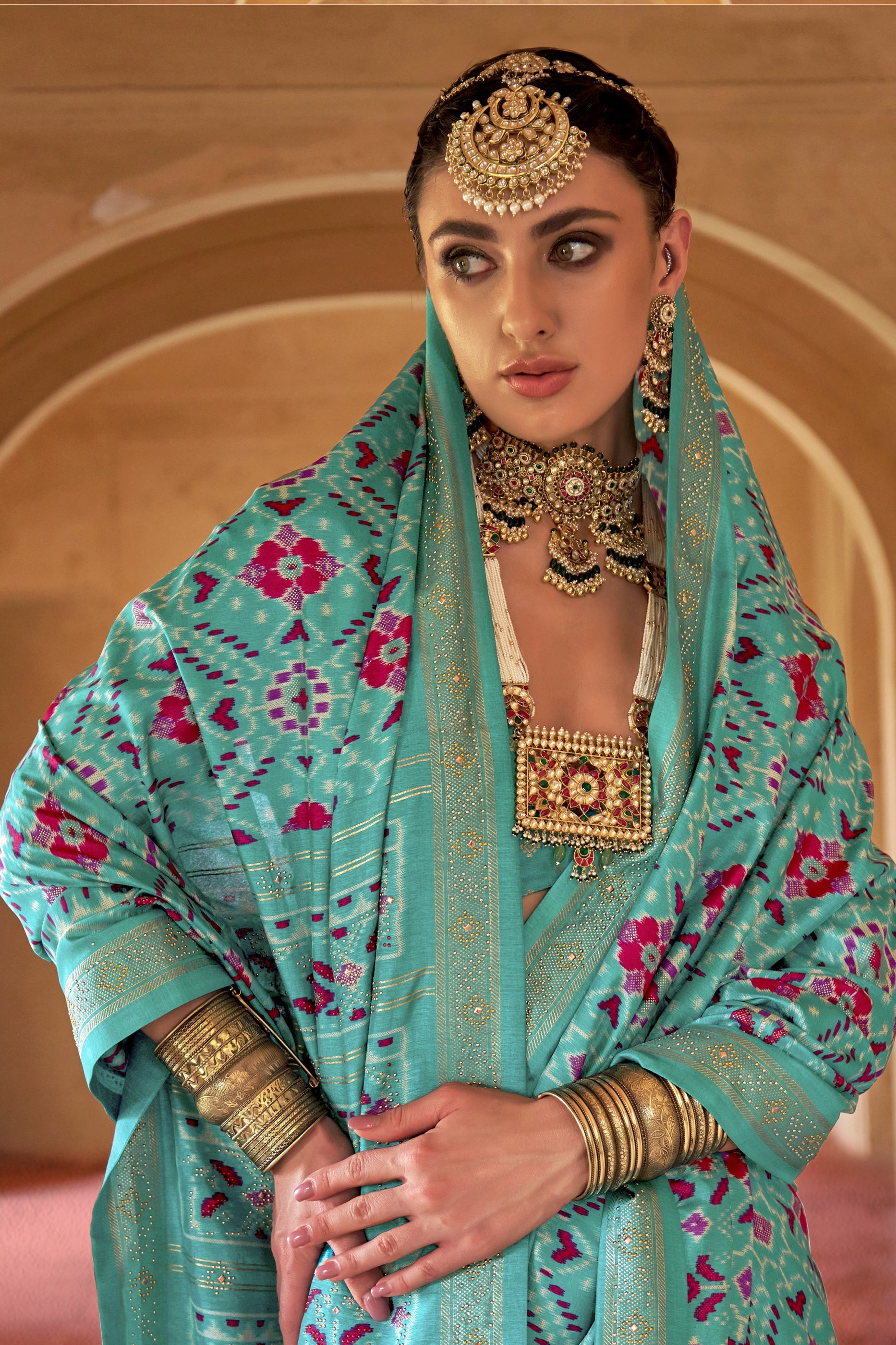 Turquoise Blue Printed Viscose Silk Patola Saree-SAR10196_2_SareeButa.com