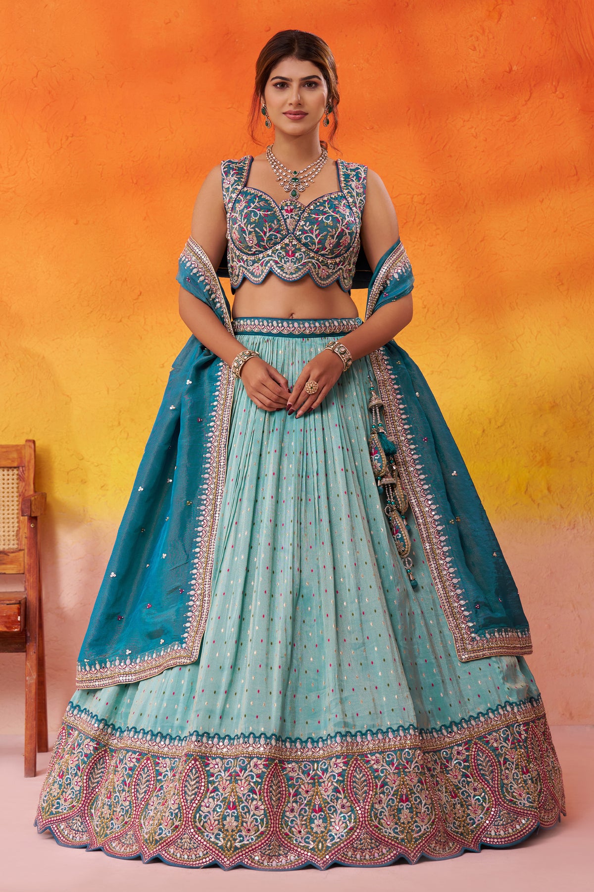 Turquoise Blue Readymade Embroidered Tissue Lehenga-SAR12887_1_SareeButa.com