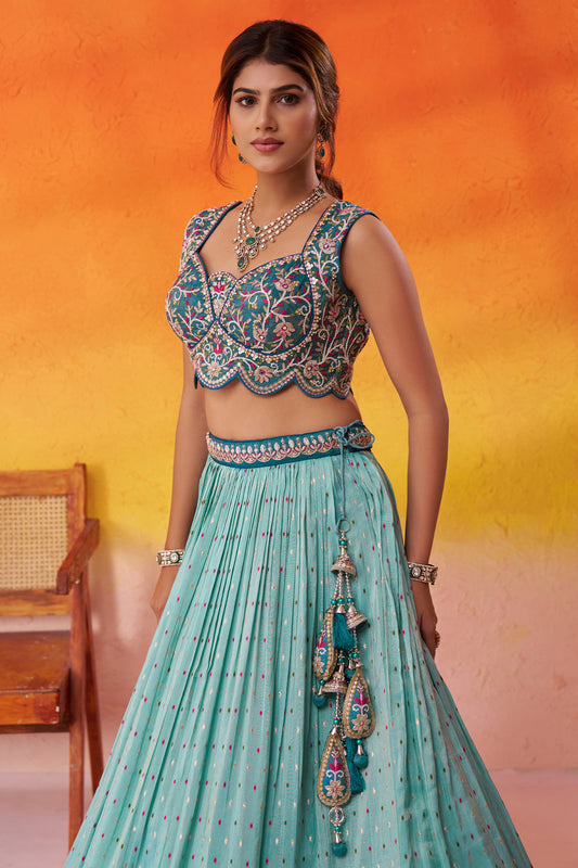 Turquoise Blue Readymade Embroidered Tissue Lehenga-SAR12887_2_SareeButa.com