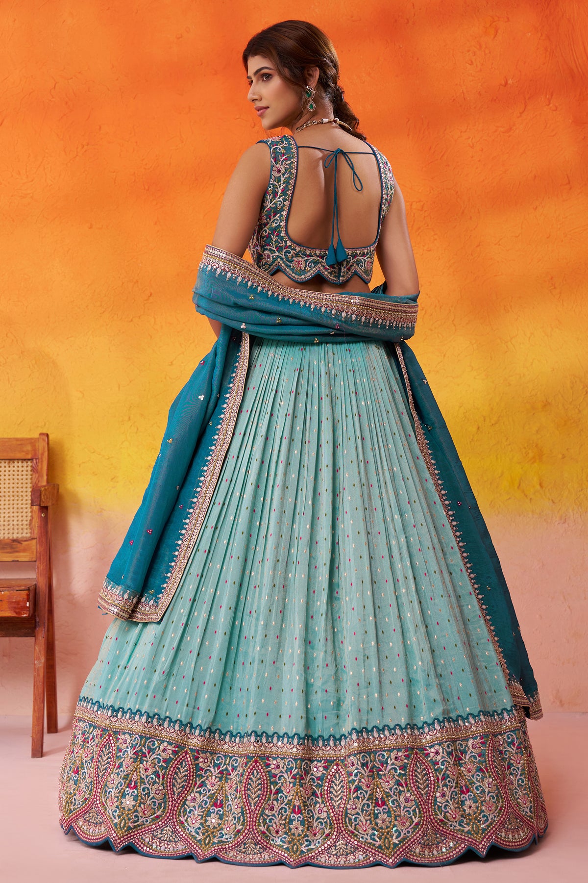 Turquoise Blue Readymade Embroidered Tissue Lehenga-SAR12887_3_SareeButa.com