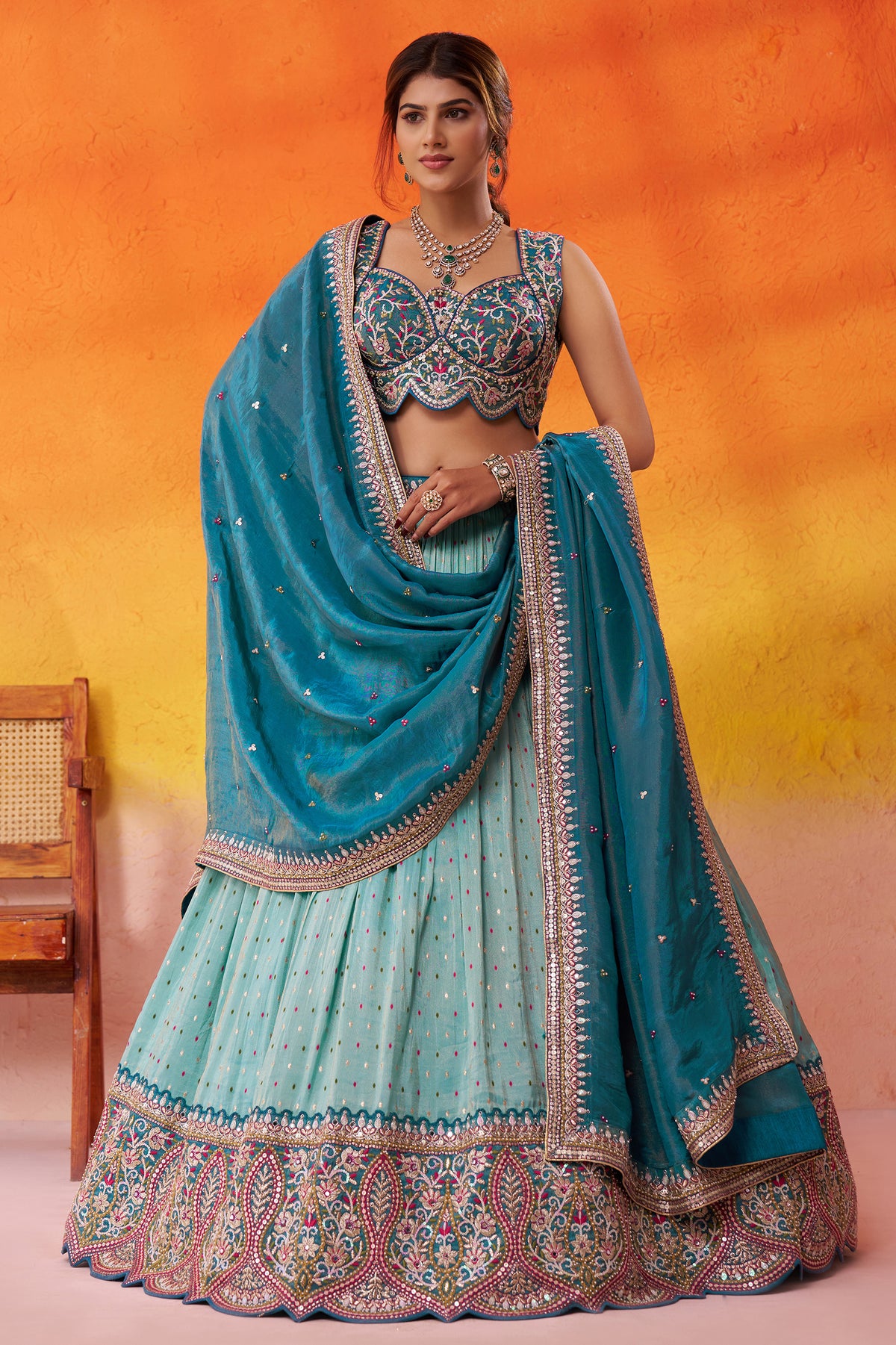 Turquoise Blue Readymade Embroidered Tissue Lehenga-SAR12887_4_SareeButa.com