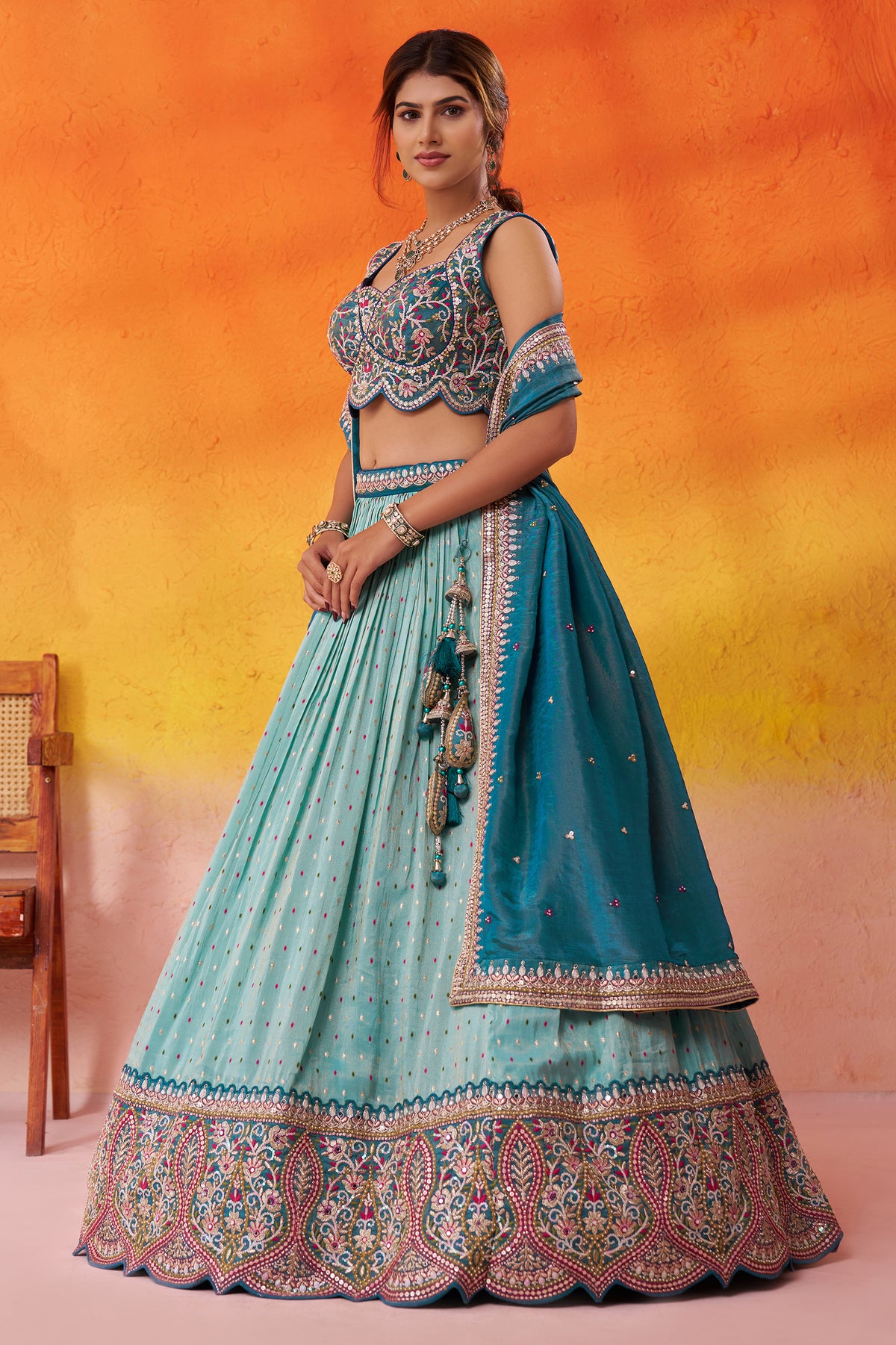 Turquoise Blue Readymade Embroidered Tissue Lehenga-SAR12887_5_SareeButa.com
