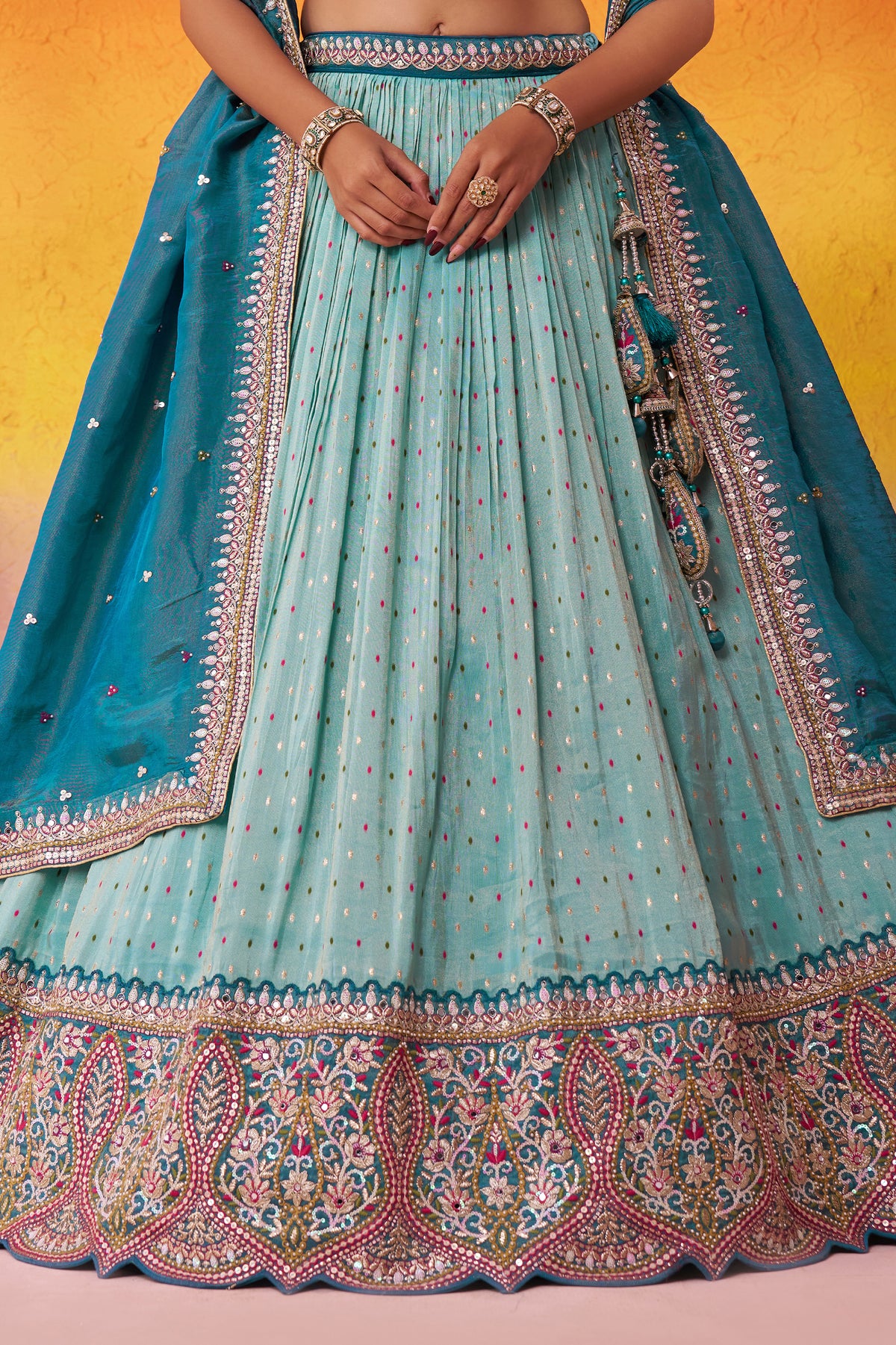 Turquoise Blue Readymade Embroidered Tissue Lehenga-SAR12887_6_SareeButa.com