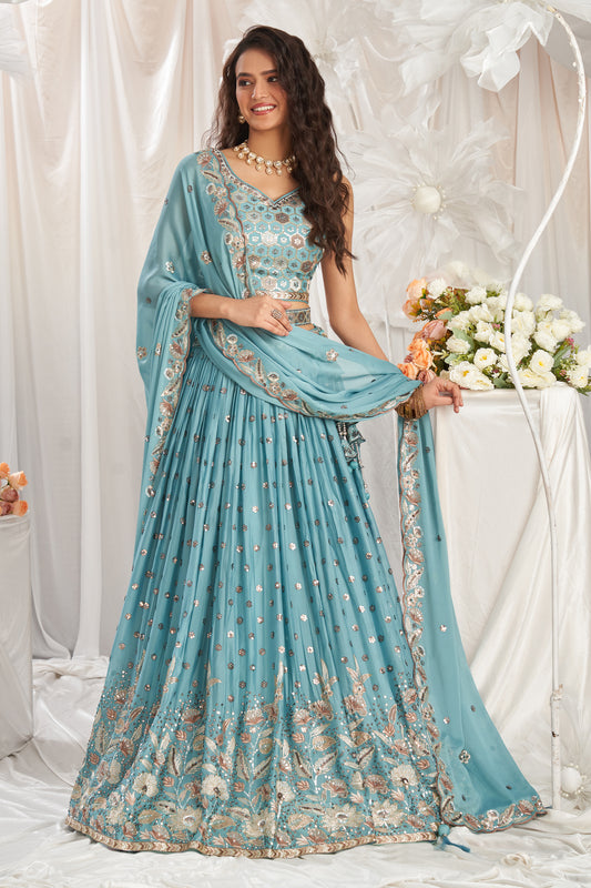 Turquoise Blue Semi-Stitched Embroidered Georgette Lehenga-SAR12841_1_SareeButa.com