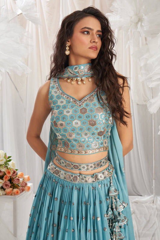 Turquoise Blue Semi-Stitched Embroidered Georgette Lehenga-SAR12841_2_SareeButa.com