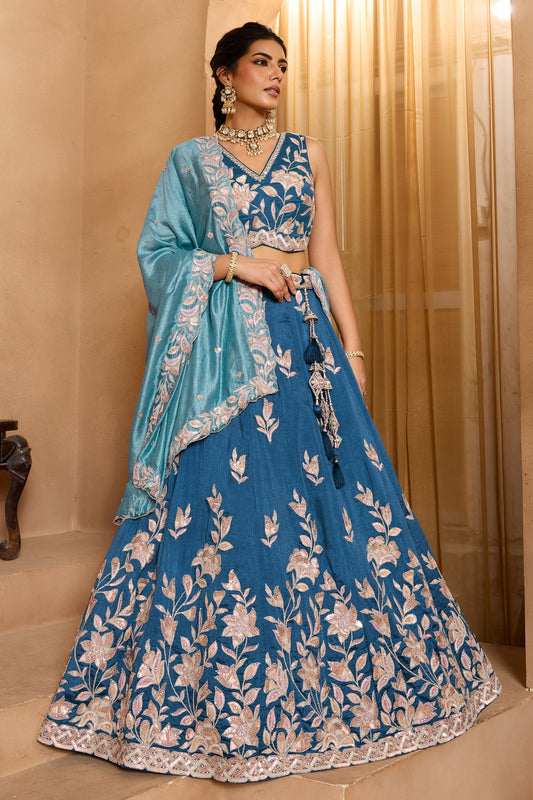 Turquoise Blue Semi-Stitched Embroidered Silk Lehenga-SAR10702_1_SareeButa.com