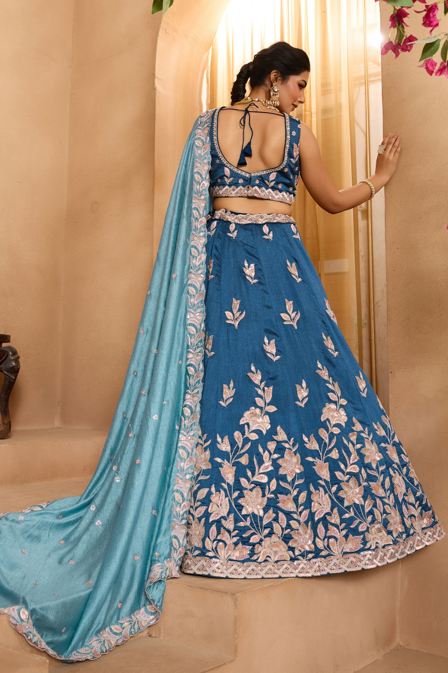 Turquoise Blue Semi-Stitched Embroidered Silk Lehenga