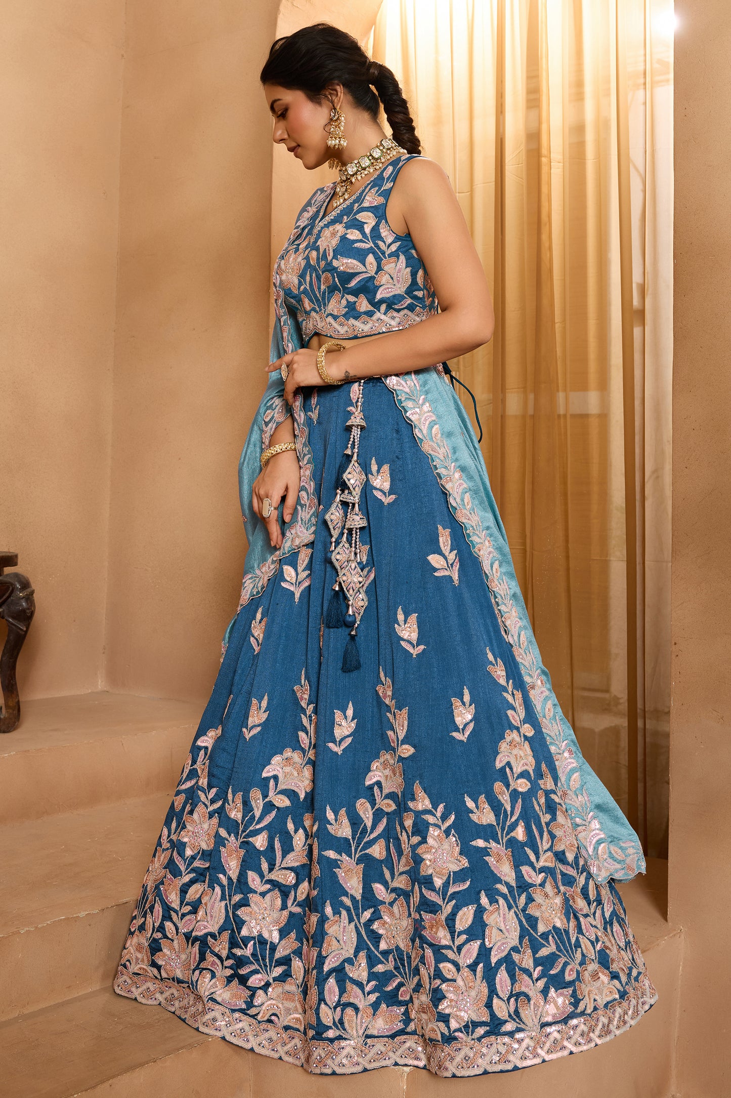 Turquoise Blue Semi-Stitched Embroidered Silk Lehenga