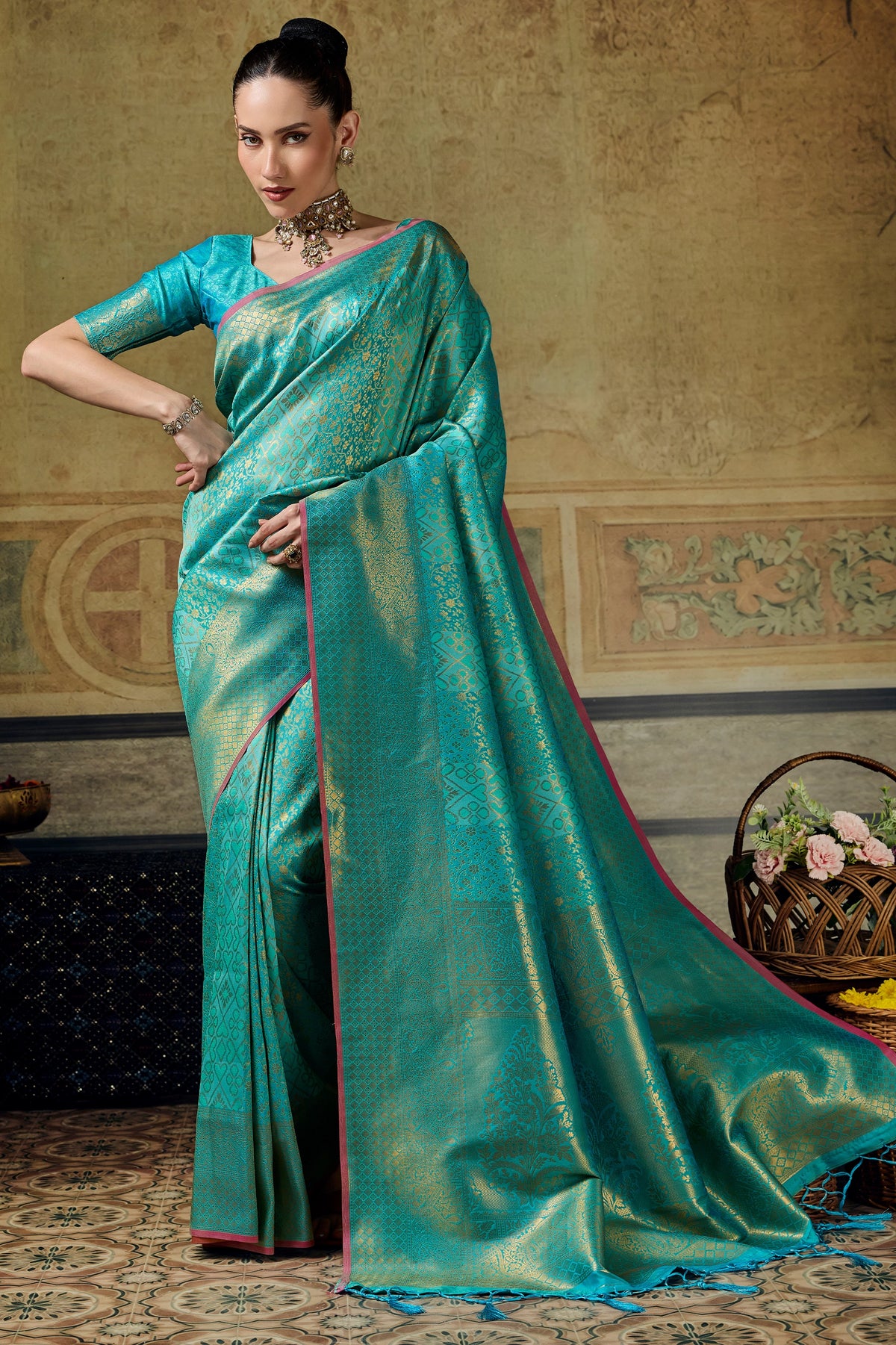 Turquoise Blue Woven Silk Saree-SAR12917_1_SareeButa.com