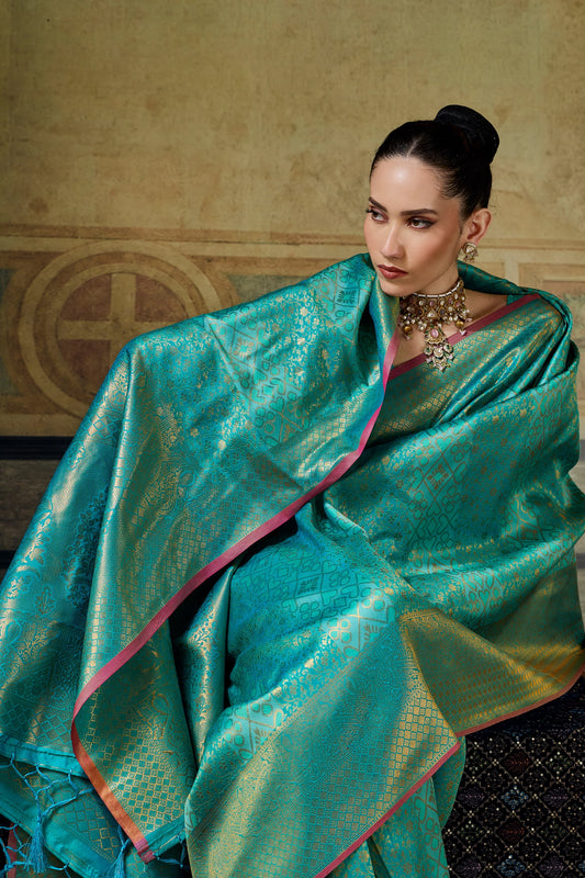 Turquoise Blue Woven Silk Saree-SAR12917_2_SareeButa.com