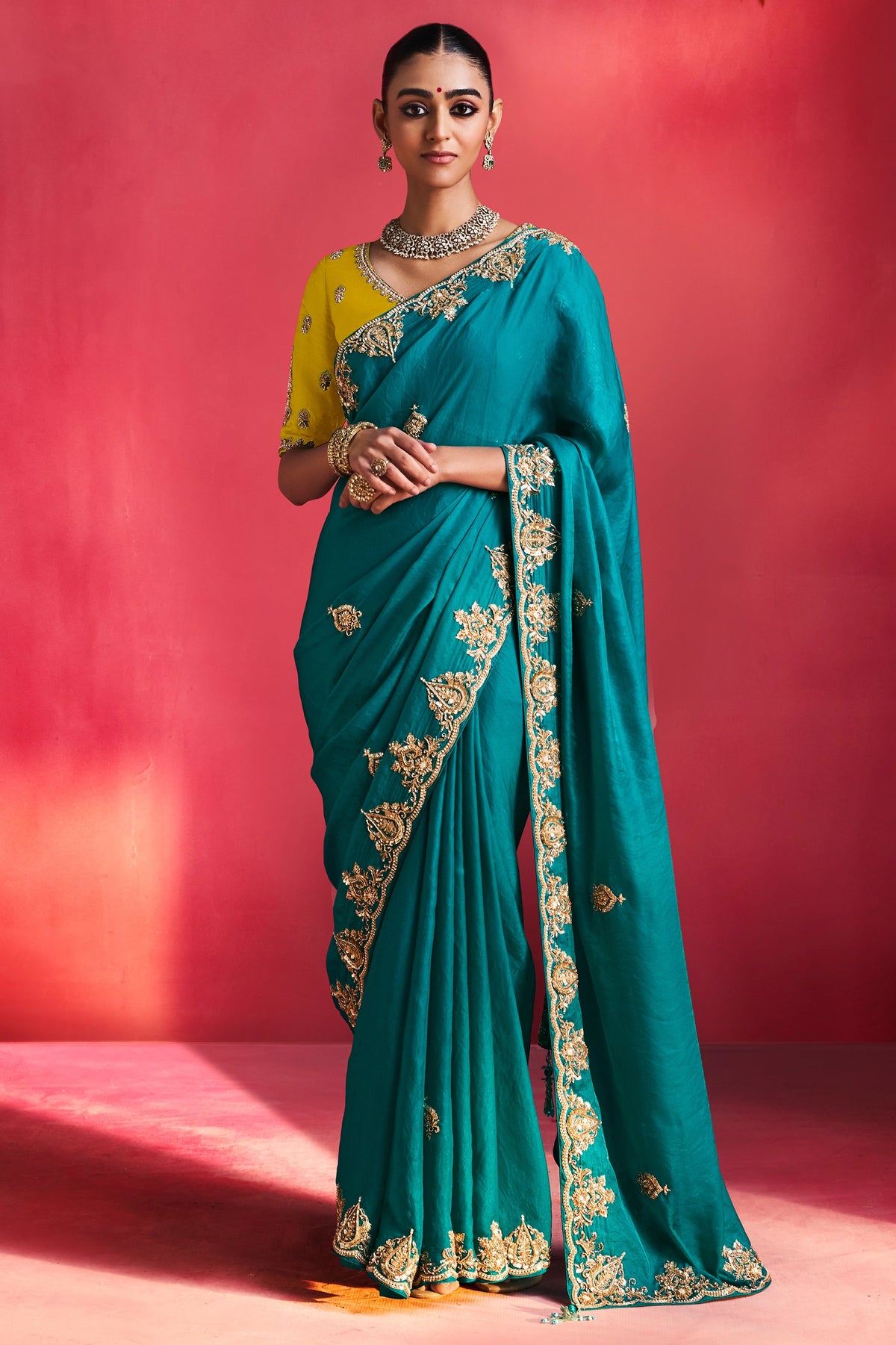 Turquoise Green Soft Silk Embellished Border Saree-SAR13309_1_SareeButa.com