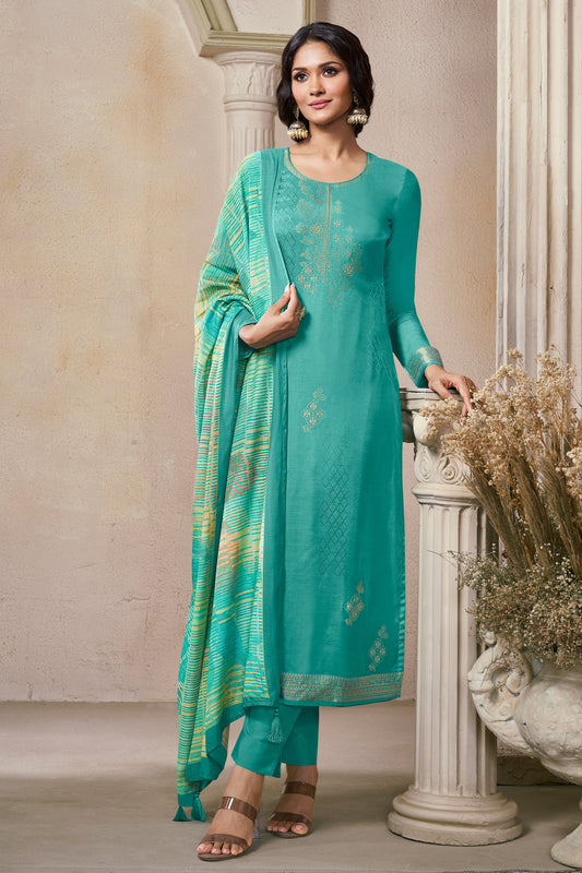 Blue Green Woven Viscose Muslin Suit-SAR11738_1_SareeButa.com