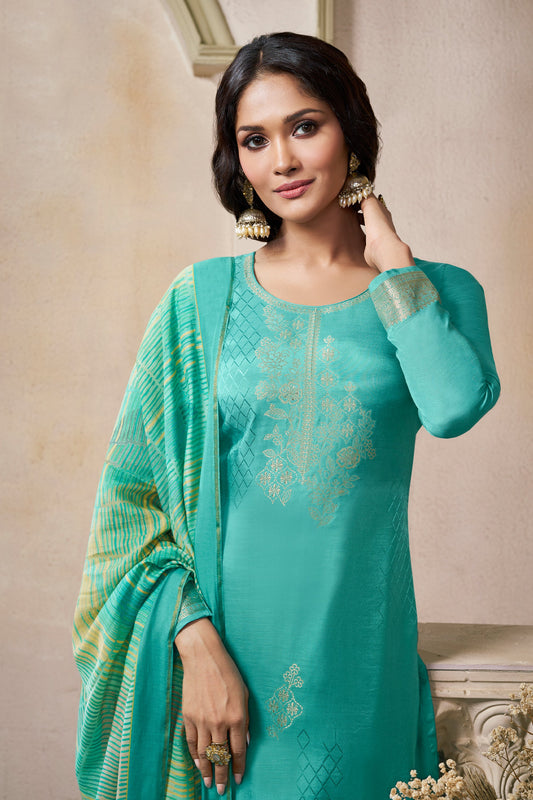 Blue Green Woven Viscose Muslin Suit-SAR11738_2_SareeButa.com
