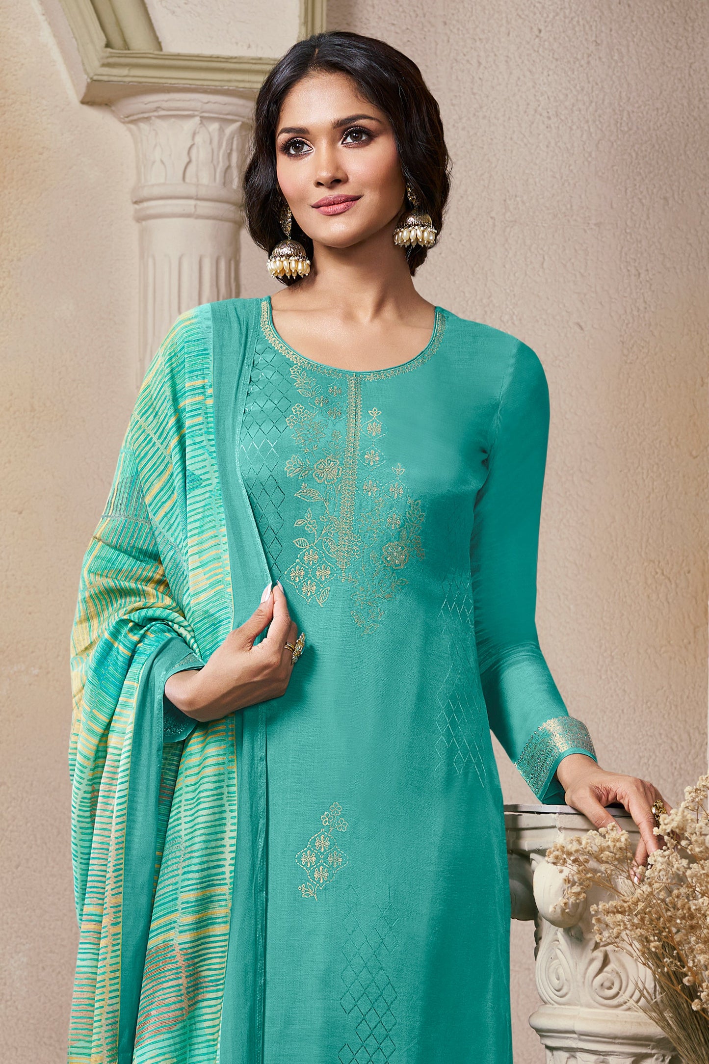 Blue Green Woven Viscose Muslin Suit-SAR11738_3_SareeButa.com